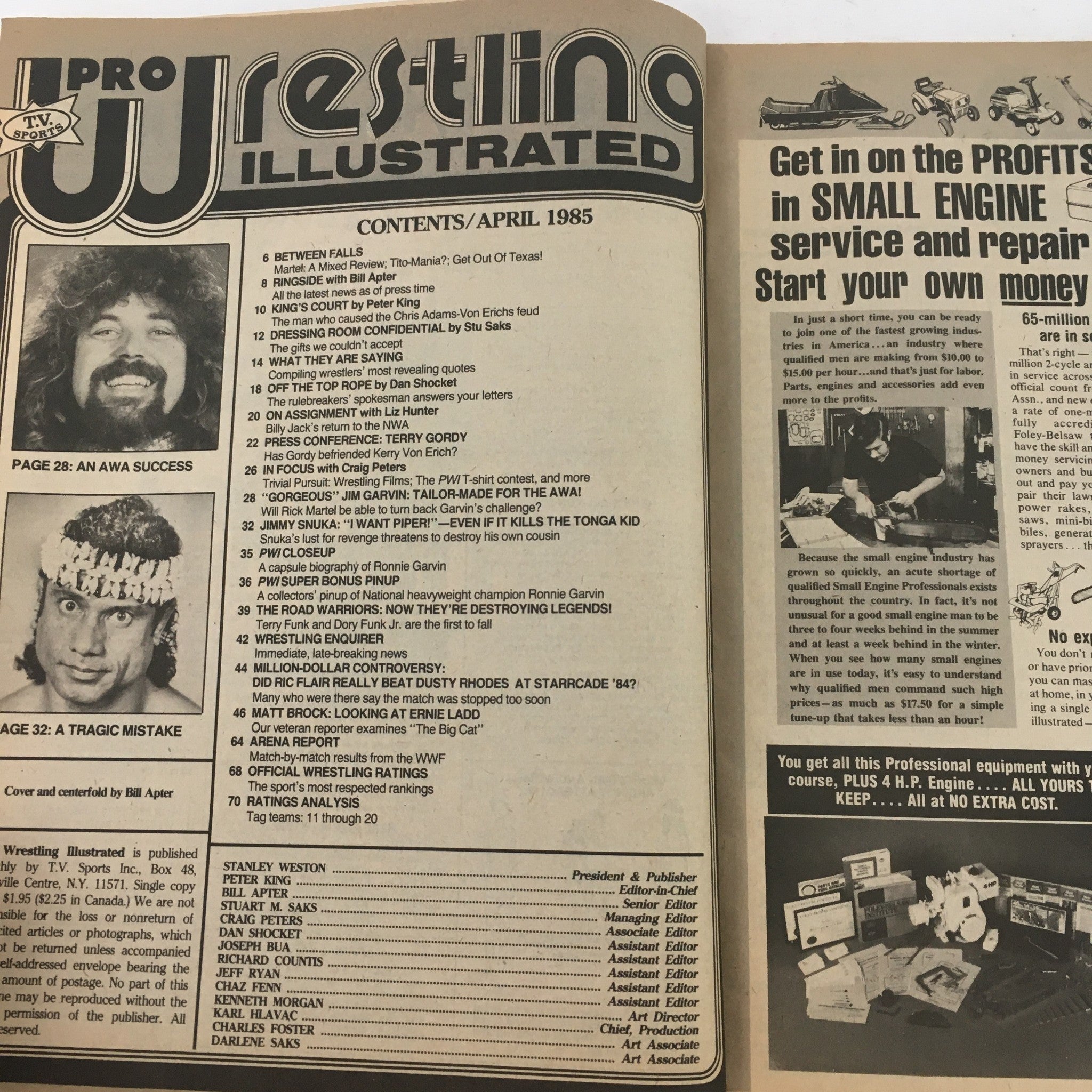 Table of contents from Pro Wrestling Illustrated Magazine April 1985 featuring articles about wrestling events, including Jimmy Snuka vs Roddy Piper.