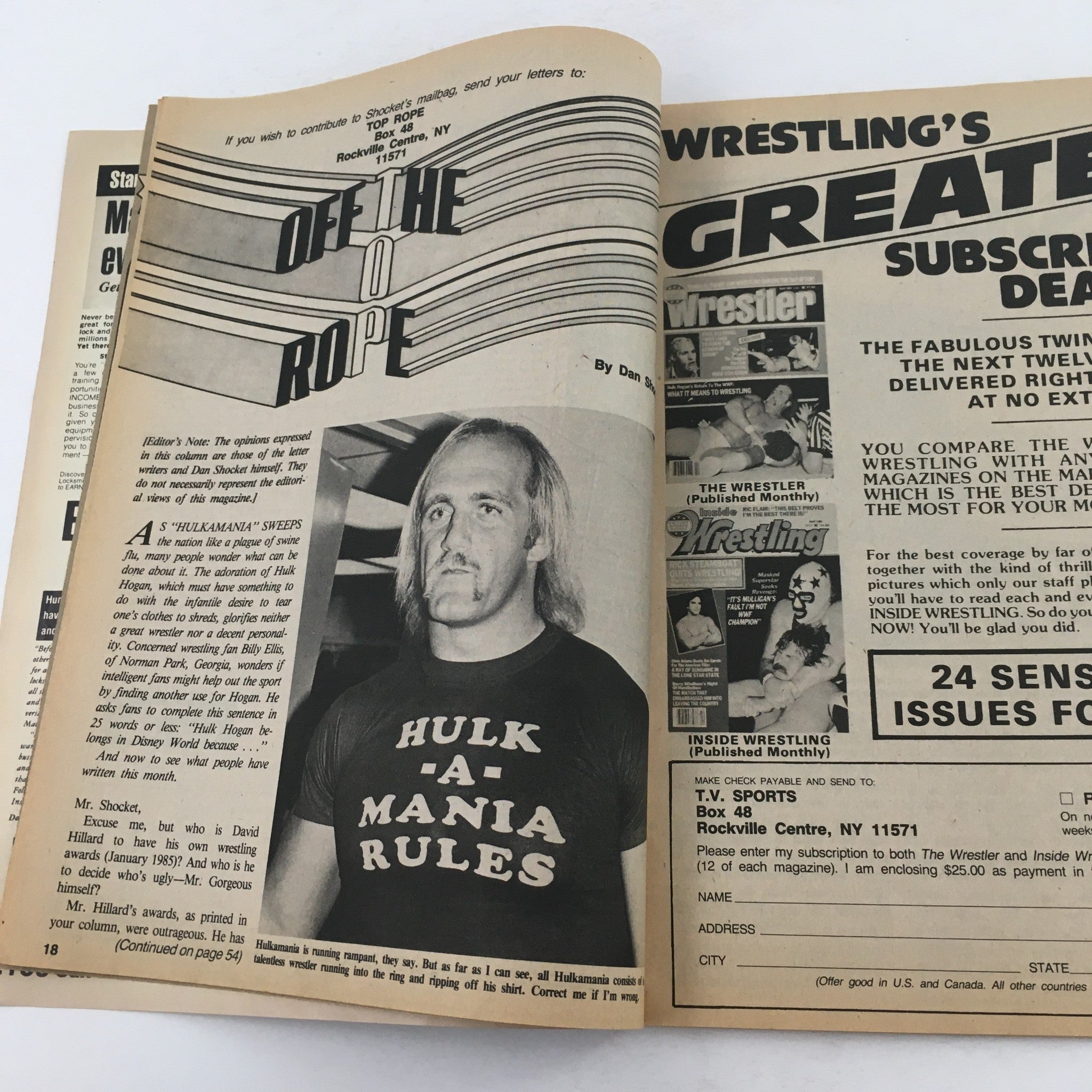 Editorial page of Pro Wrestling Illustrated Magazine April 1985 with a focus on Hulk Hogan, highlighting the popularity of wrestling during this era.