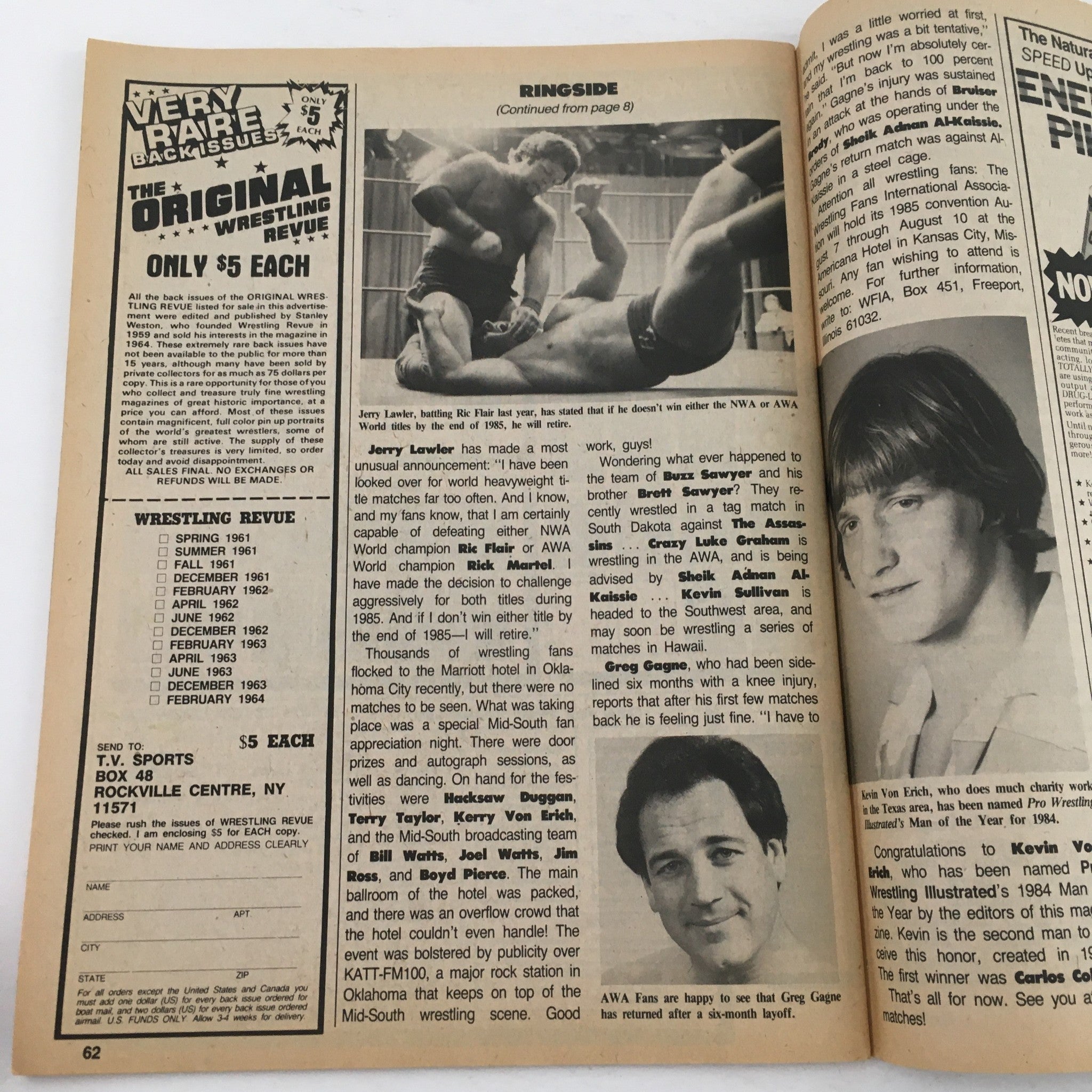 Ringside report from Pro Wrestling Illustrated Magazine April 1985 discussing matches and wrestlers, showcasing the excitement of the wrestling scene.