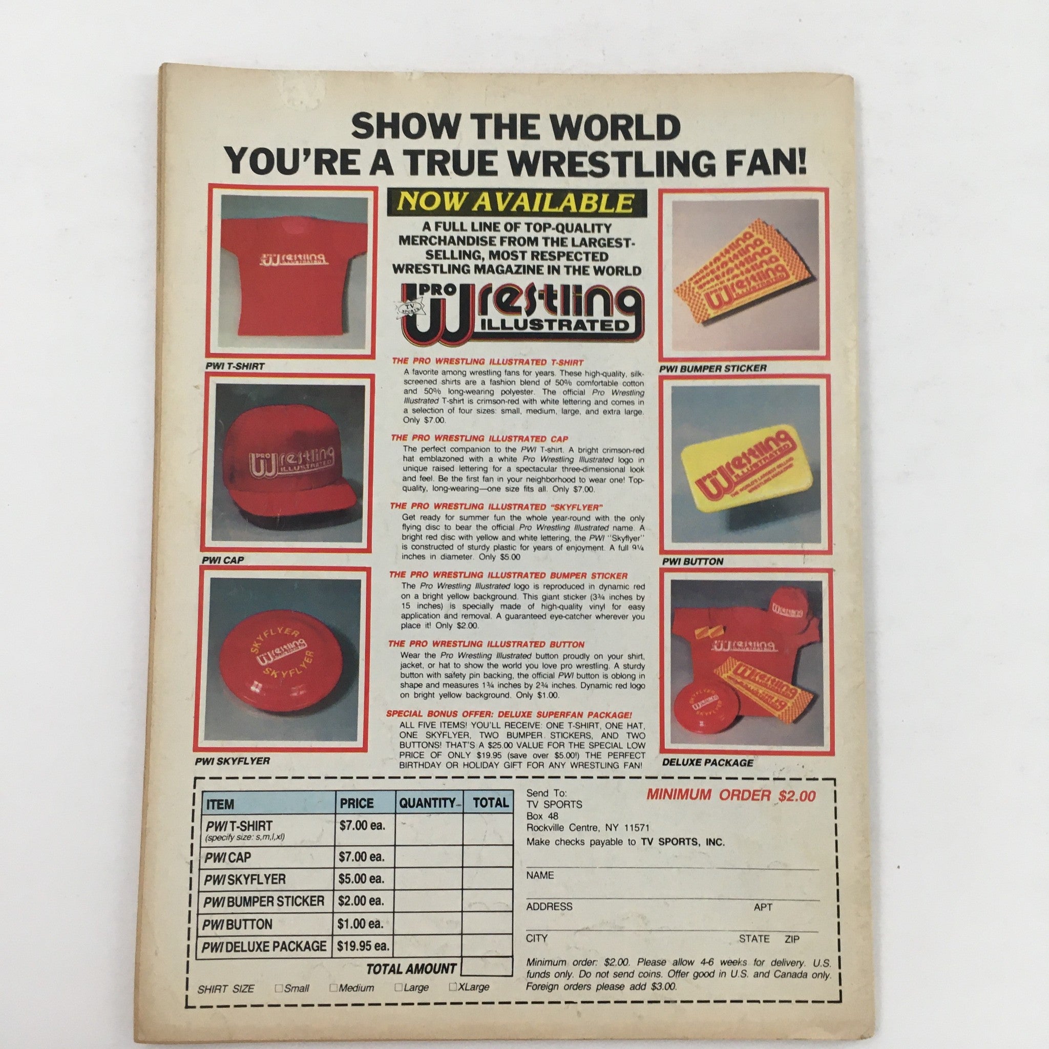 Merchandise advertisement featuring wrestling-themed items from Pro Wrestling Illustrated Magazine April 1985, promoting fan collectibles.