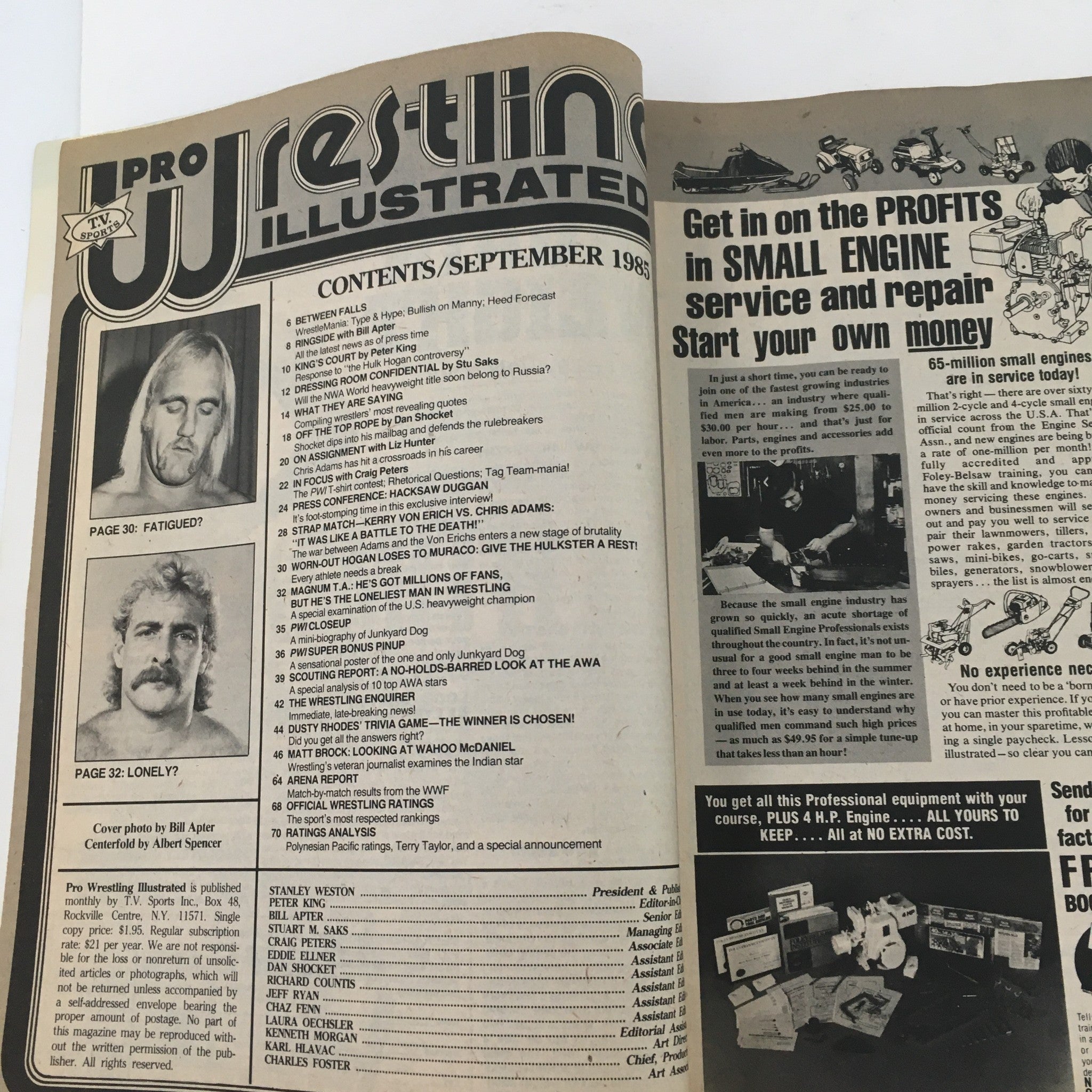 Pro Wrestling Illustrated Magazine September 1985 showing the contents page featuring articles and wrestlers.