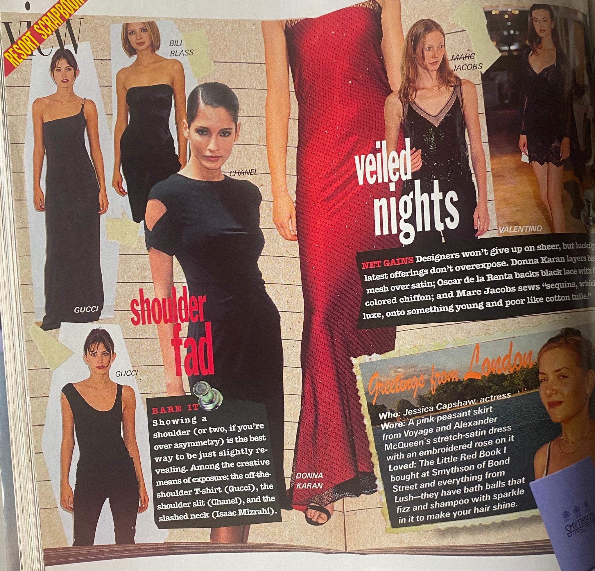 Vogue Magazine November 1997 showcasing evening dresses from various designers, including styles like 'shoulder fad' and 'veiled nights.' Title: Vogue Magazine November 1997 Stella Tennant Cover No Label.