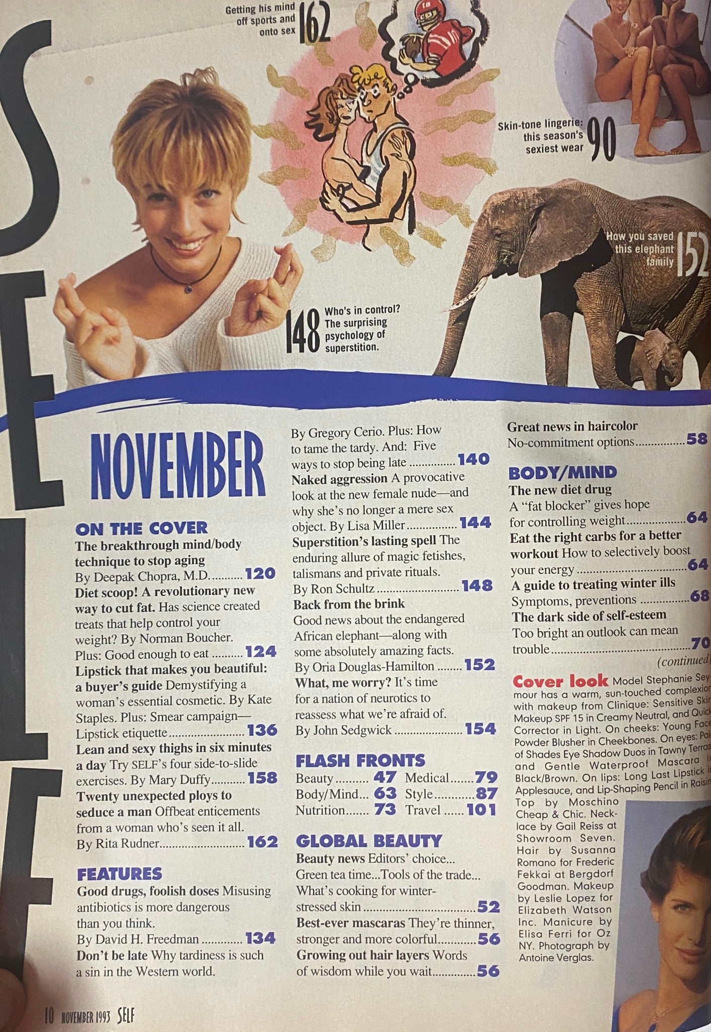 A page from Self Magazine featuring the title 'Self Magazine November 1993 Stephanie Seymour Cover No Label'. The layout includes headings such as 'ON THE COVER', showcasing articles related to health, fitness, beauty, and lifestyle, highlighted with colorful illustrations and designs.
