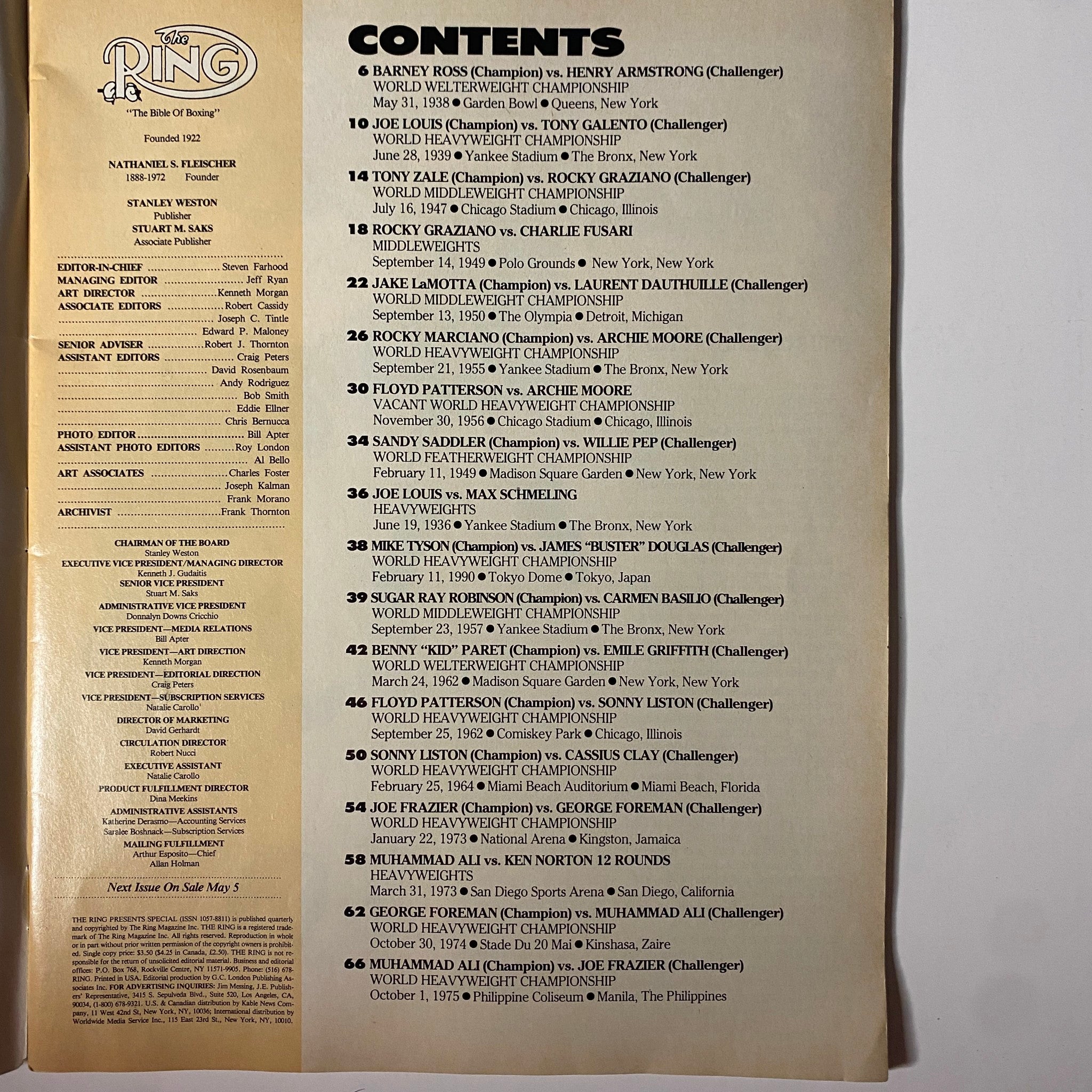 Table of contents of The Ring Magazine Presents Special Vol 2 No. 2, detailing historic boxing championship matches and athletes featured in the issue.