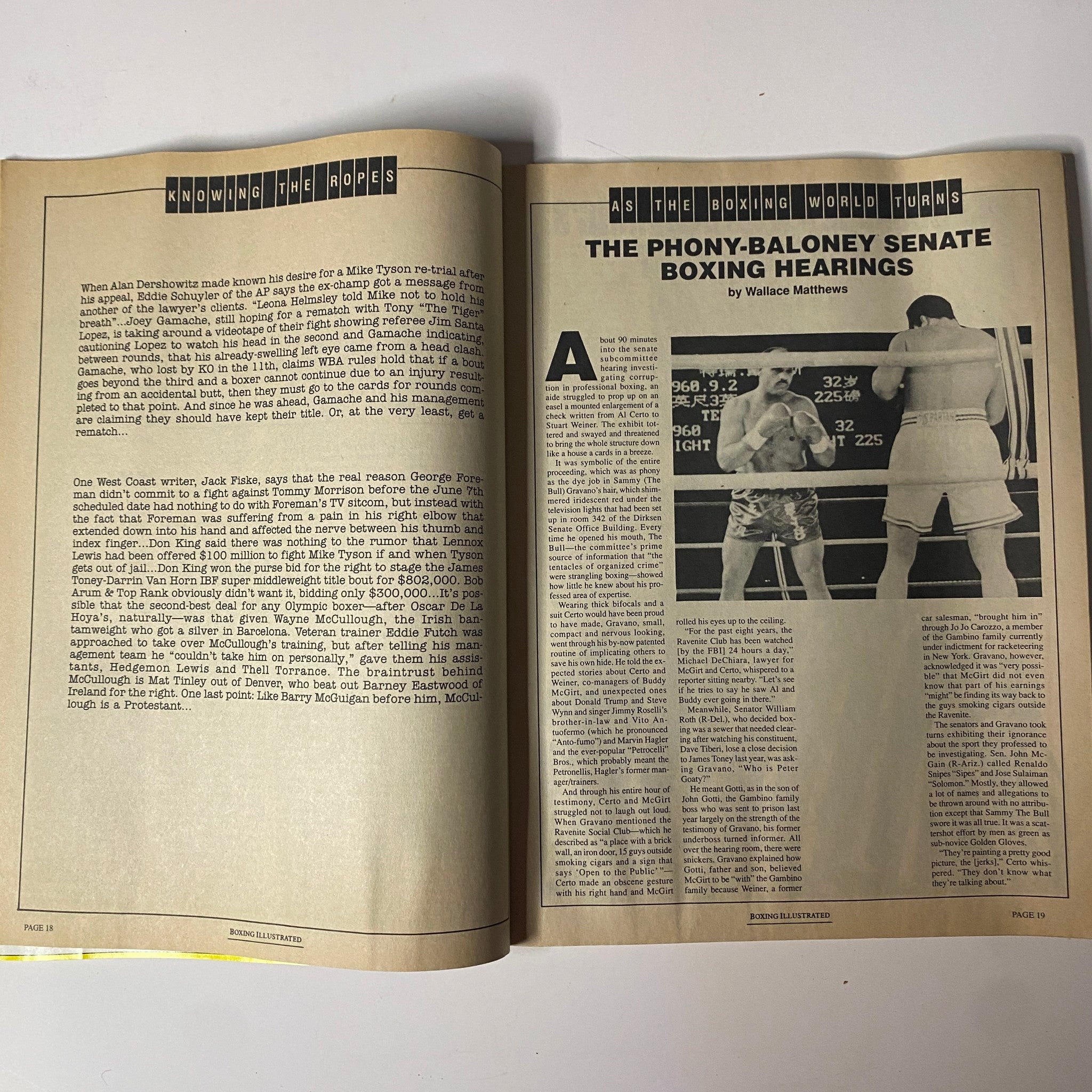 Interior pages of Boxing Illustrated Magazine July 1993 discussing boxing news and articles, featuring the segment 'Knowing The Ropes' and insights from writers about the boxing scene.
