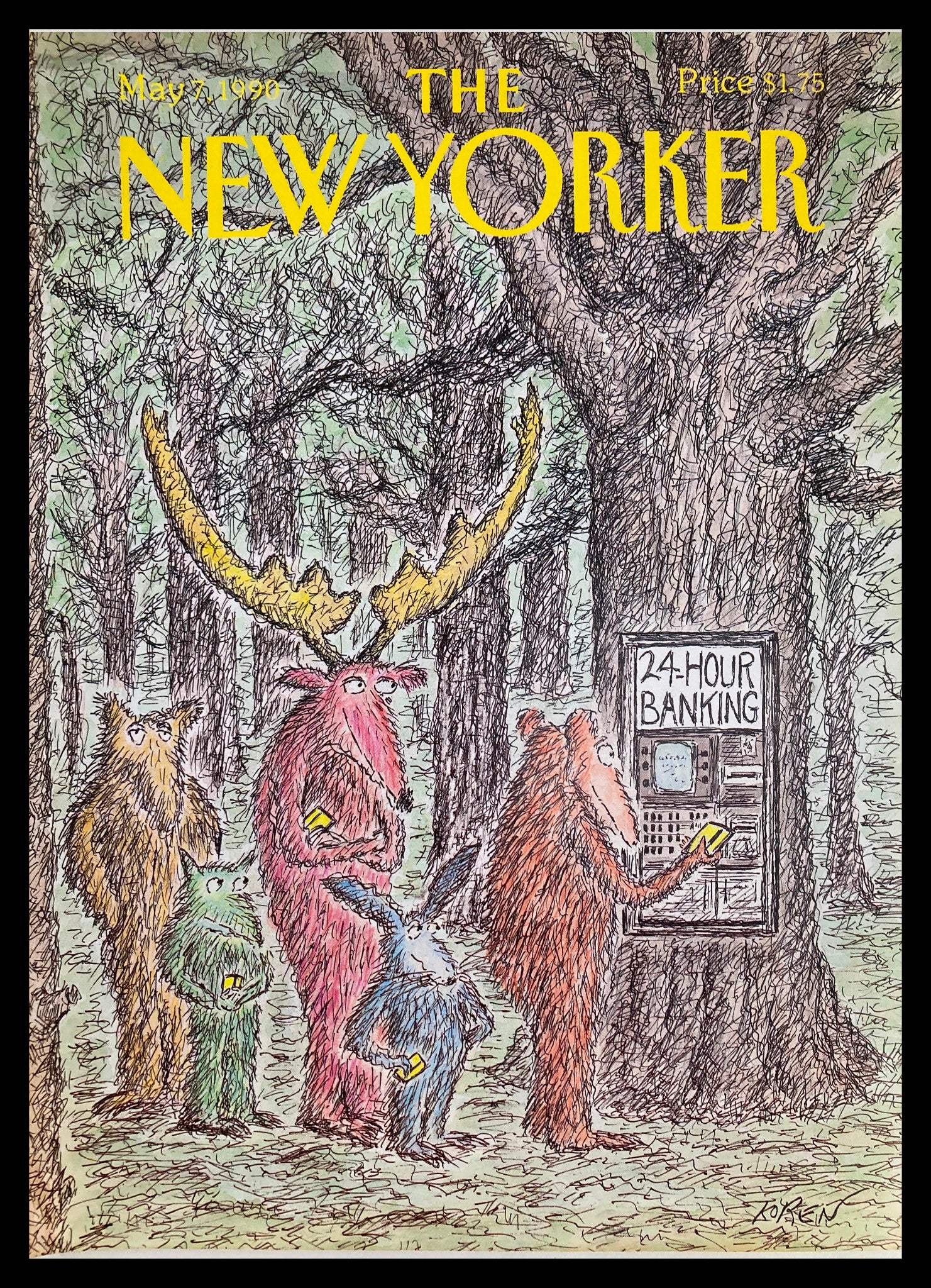 COVER ONLY The New Yorker May 7 1990 24-Hr Banking by Edward Koren No Label