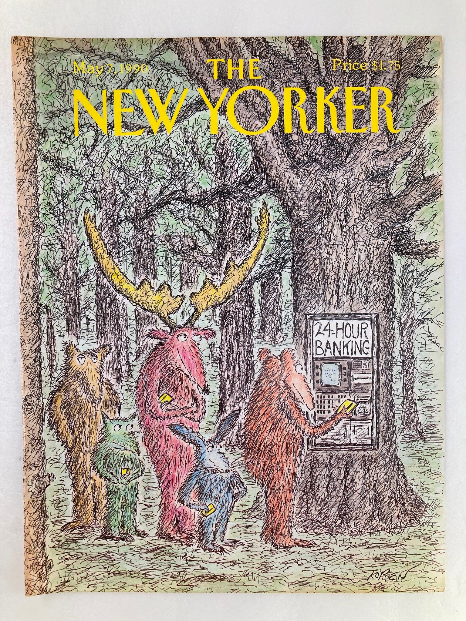 COVER ONLY The New Yorker May 7 1990 24-Hr Banking by Edward Koren No Label