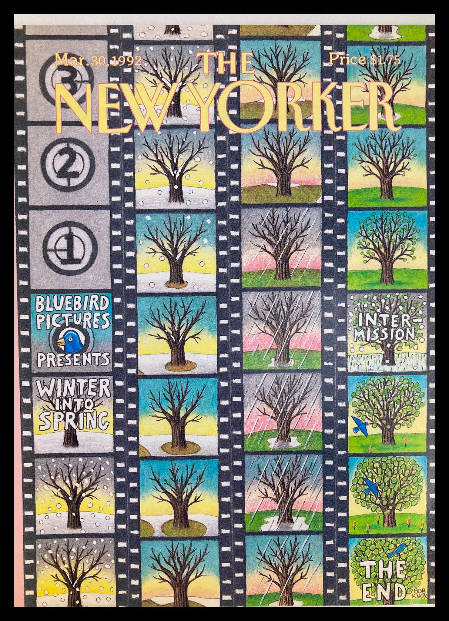 The New Yorker Cover - March 30, 1992, featuring the artwork 'Winter Into Spring' by Bob Knox, showcasing a visual narrative of the seasonal transition through trees depicted across film strips.