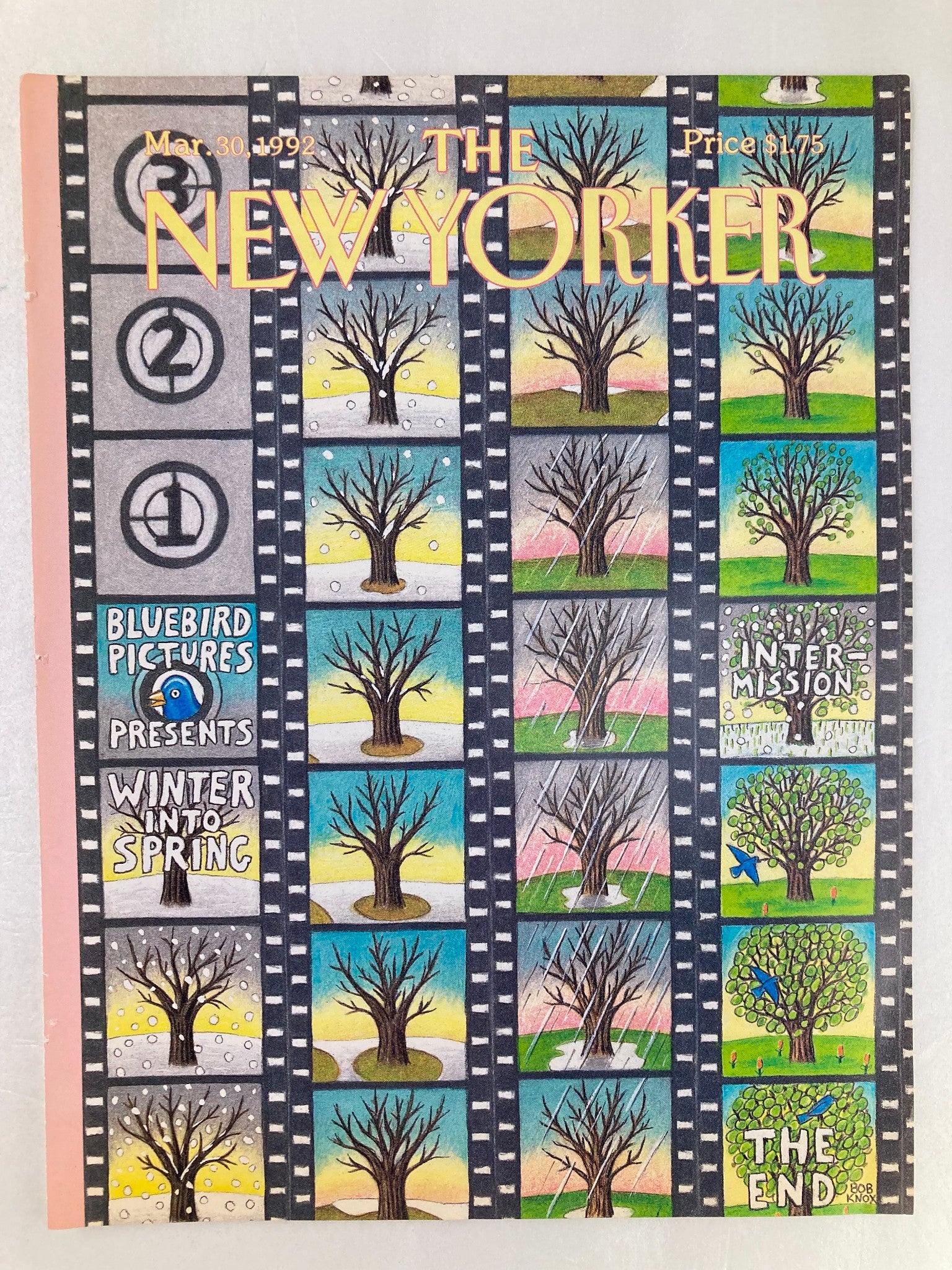 The New Yorker Cover - March 30, 1992, illustrating 'Winter Into Spring' by Bob Knox, portraying various stages of seasonal change with artistic tree imagery within a cinematic frame.