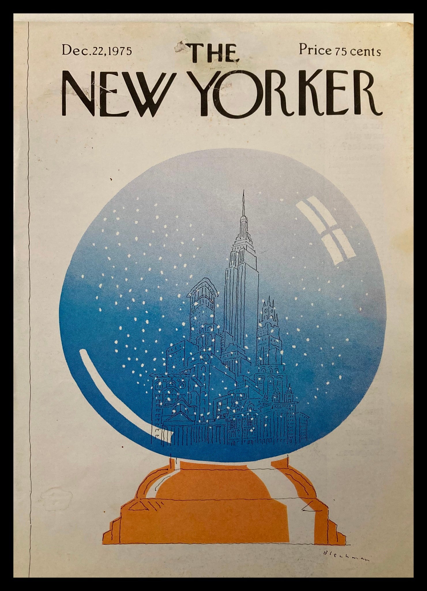 COVER ONLY The New Yorker December 22 1975 Snowglobe by R.O. Blechman No Label