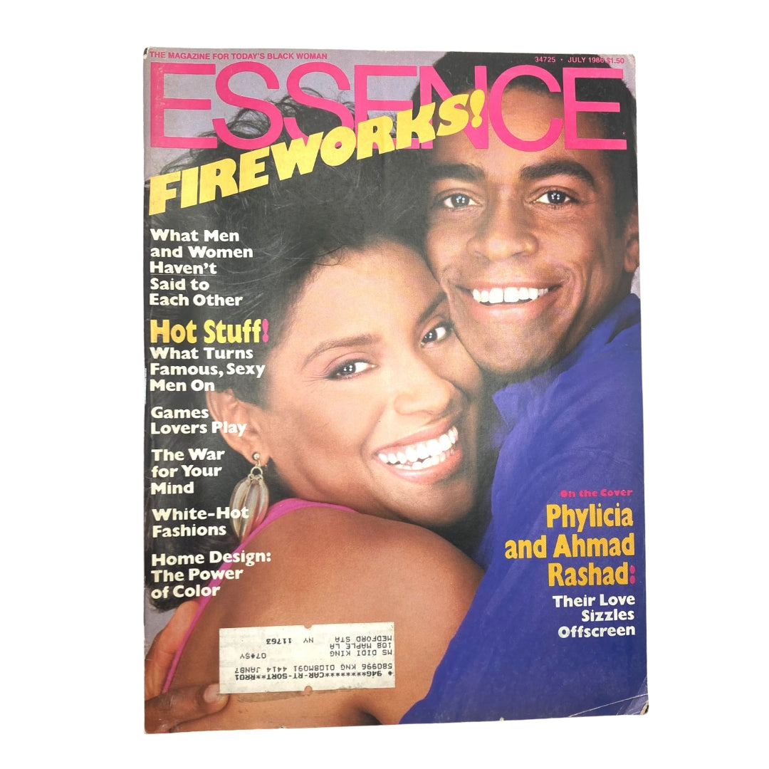 Cover of Essence Magazine July 1986 featuring Phylicia and Ahmad Rashad, showcasing vibrant colors and headlines about love and relationships.