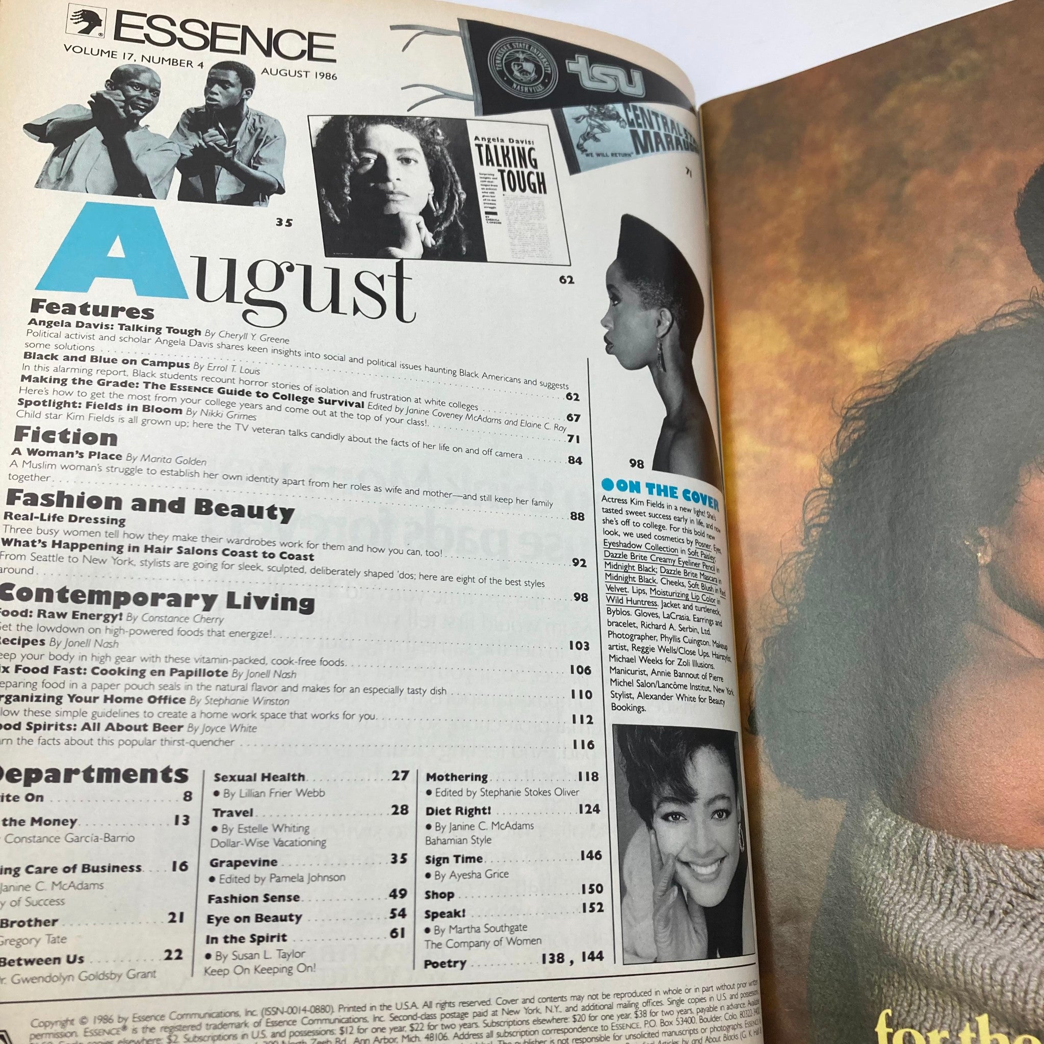 Interior page of Essence Magazine August 1986, Volume 17, Number 4, highlighting articles including Angela Davis and a column on hairstyle trends, alongside a small photo of Kim Fields.