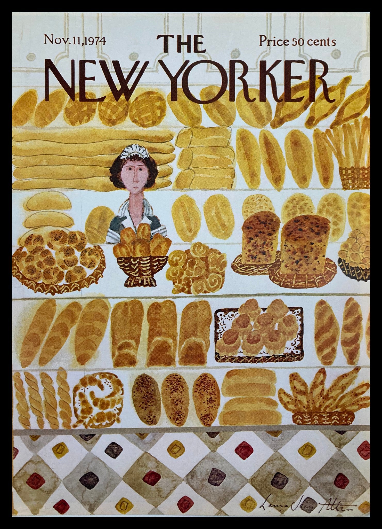 The New Yorker Cover November 11 1974 featuring an illustration of a woman surrounded by various types of bread, symbolizing the culinary trends of the 1970s.