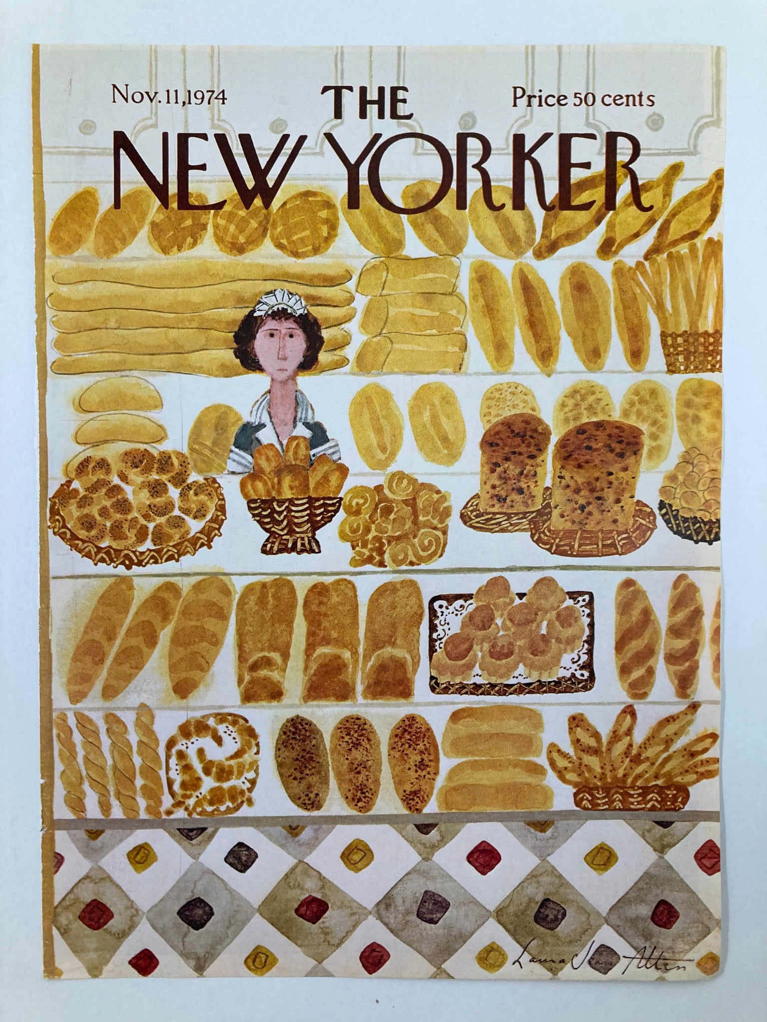 The New Yorker Cover November 11 1974 showcasing a woman amongst an assortment of baked goods, highlighting the vintage art style of Laura Jean Allen.