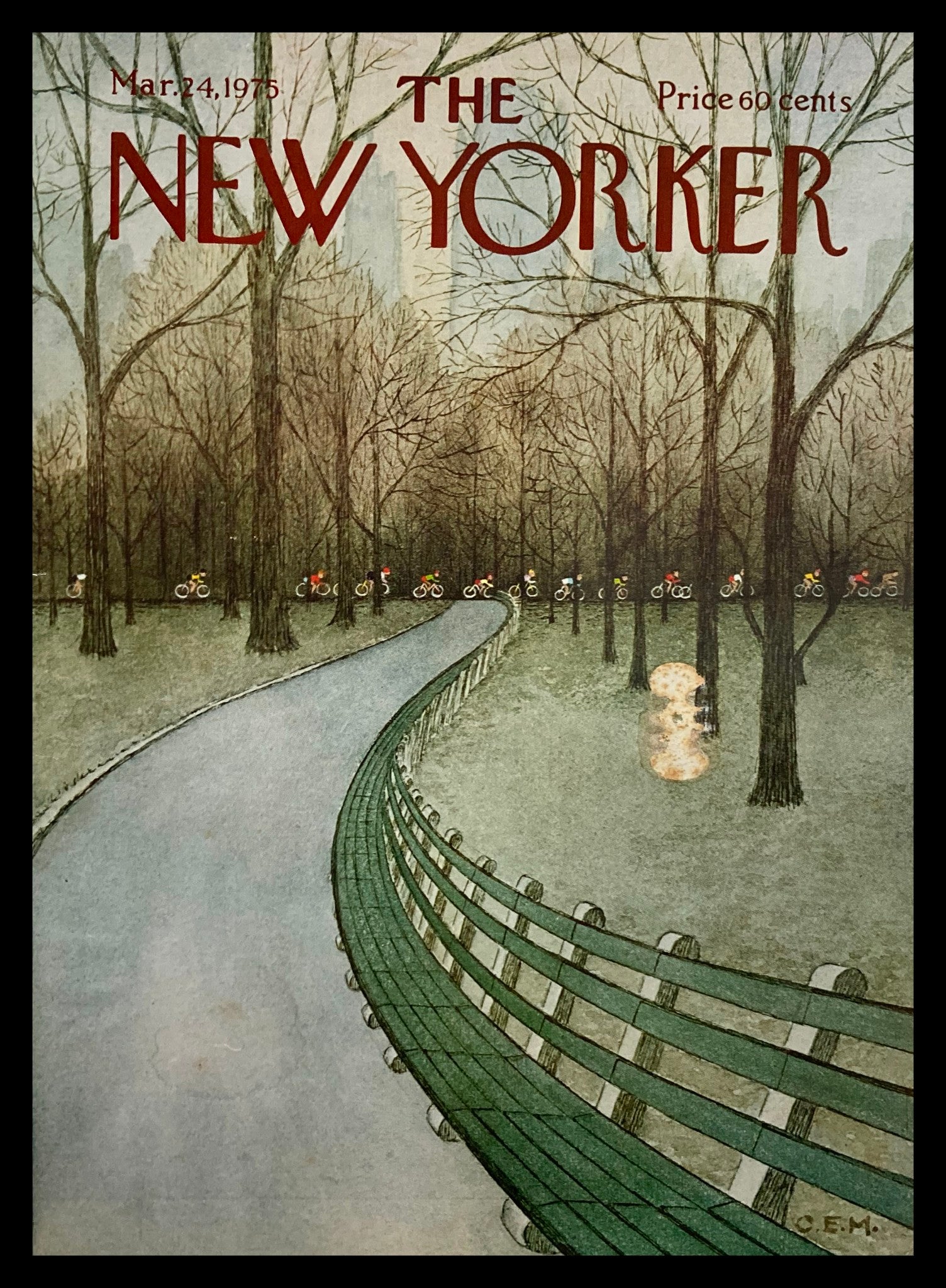 The New Yorker cover dated March 24, 1975, featuring cycling art by Charles E. Martin, depicting a winding path through a park with cyclists and bare trees.