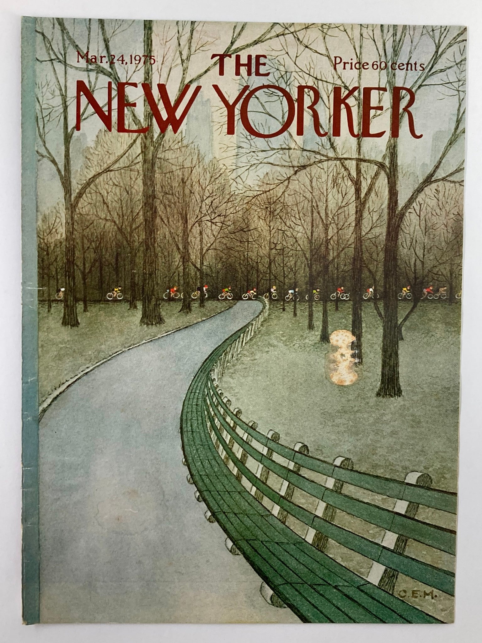 Cover of The New Yorker from March 24, 1975, illustrated by Charles E. Martin, showcasing a serene bike path lined with trees and cyclists.