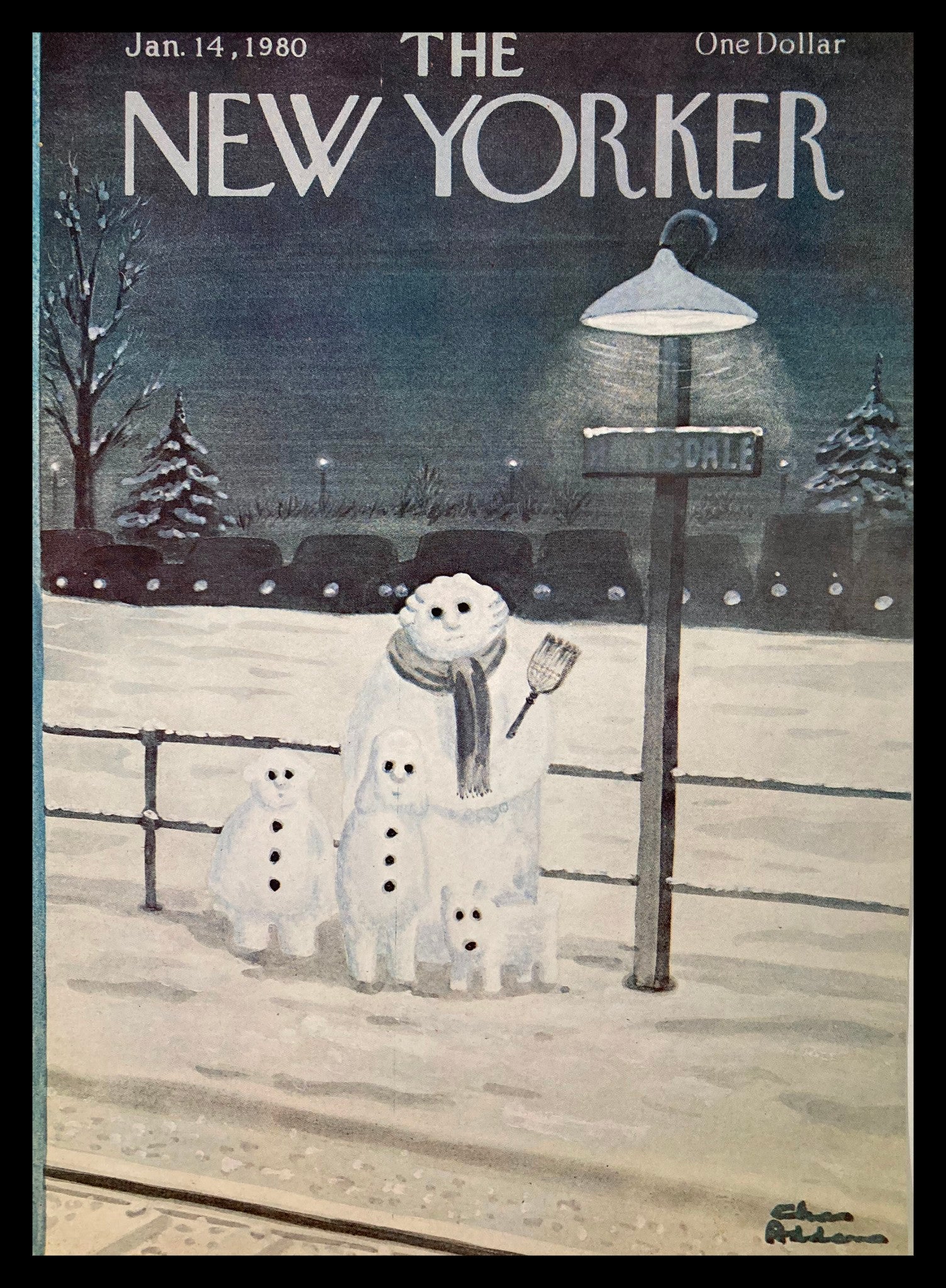 Cover of The New Yorker January 14, 1980 featuring the whimsical 'Snow Family' illustration by Chas Addams, depicting snowmen in a winter scene with a lamppost.