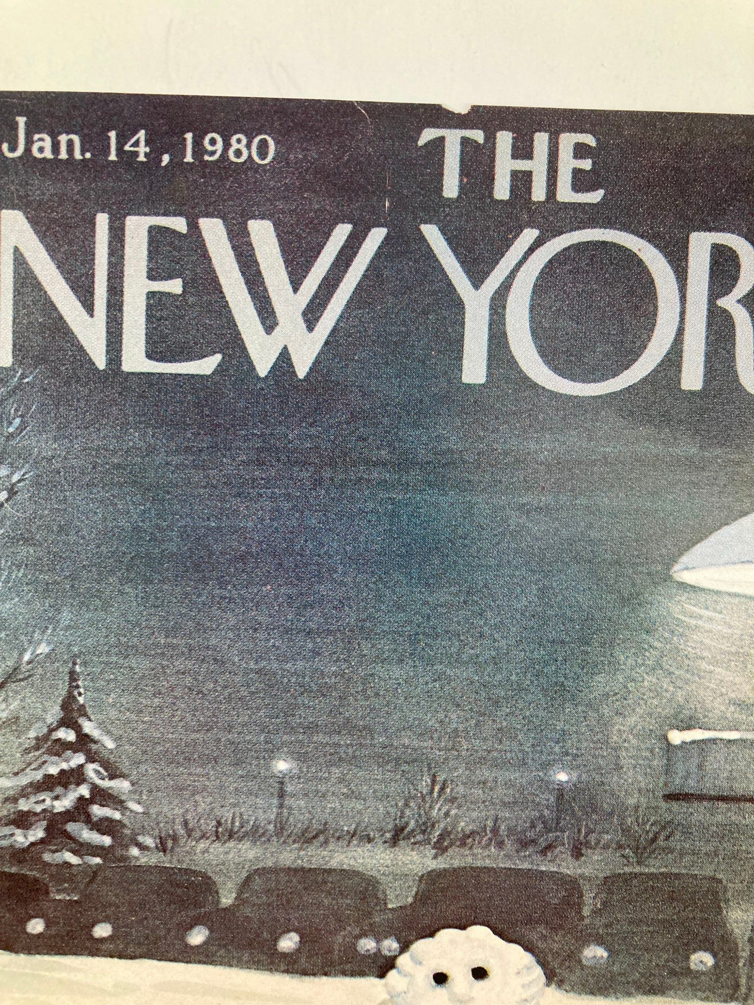 Close-up of The New Yorker cover dated January 14, 1980 featuring the 'Snow Family' illustration by Chas Addams, highlighting the title and snowy scene details.