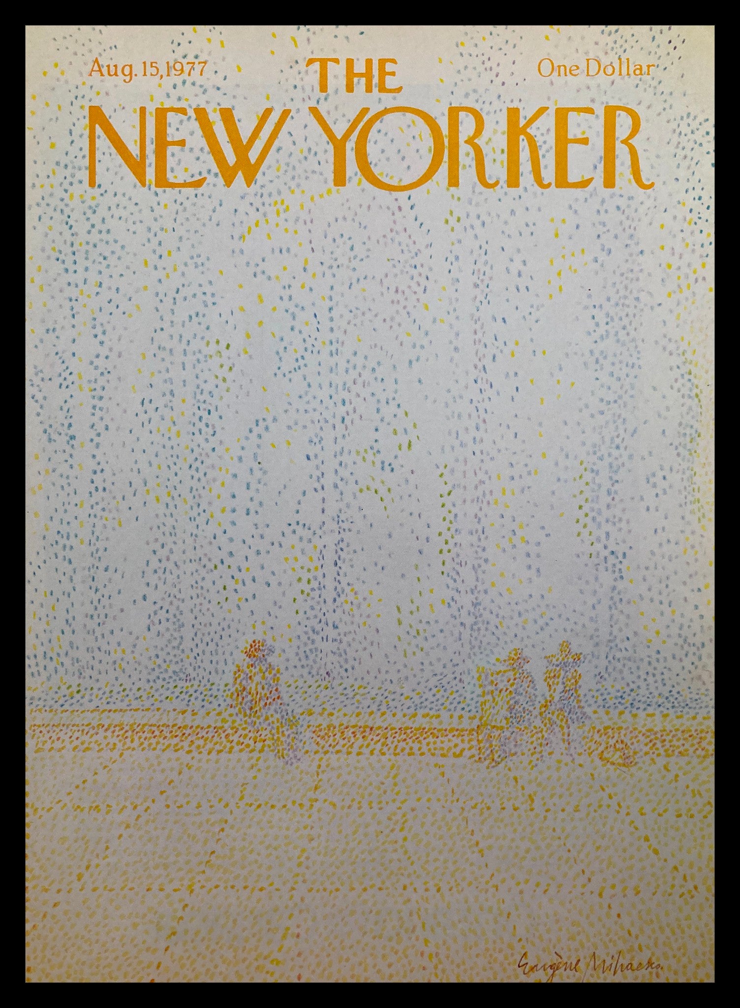 Cover of The New Yorker dated August 15, 1977, titled 'Dots' by Eugene Mihaesco, featuring colorful polka dots and figures, perfect for vintage art collectors.