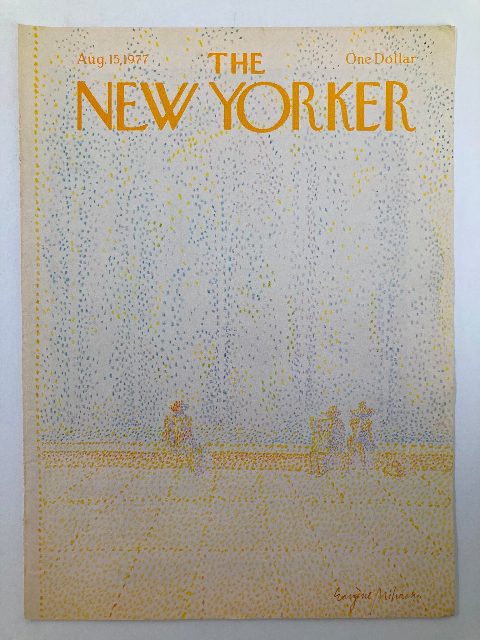 The New Yorker cover from August 15, 1977, featuring abstract polka dot artwork by Eugene Mihaesco. This vintage magazine cover showcases a unique artistic design, perfect for collectors.