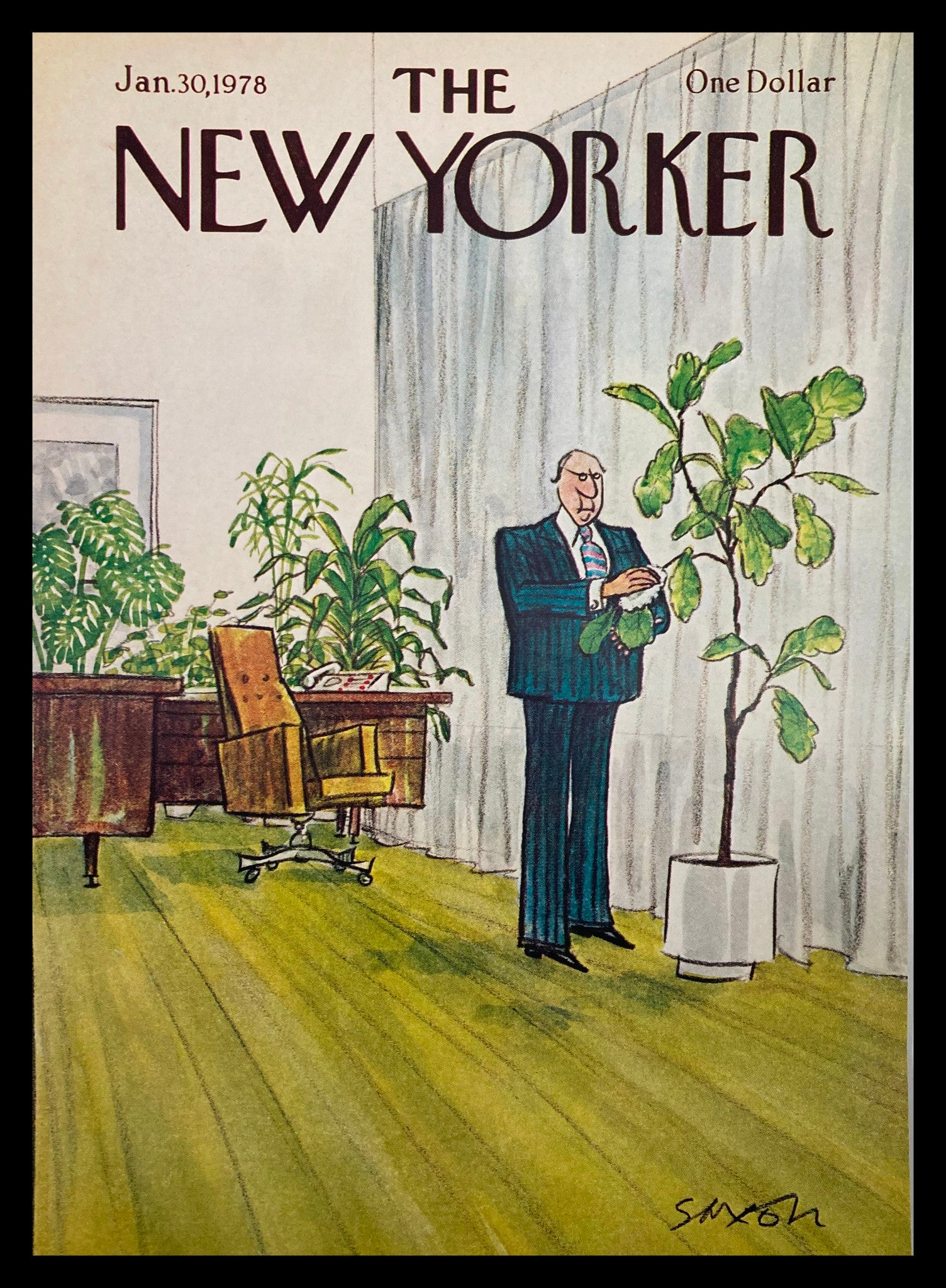 Cover of The New Yorker January 30, 1978, featuring the illustration "Loving Green" by Charles Saxon, depicting a man in a suit caring for a potted plant in an office setting.