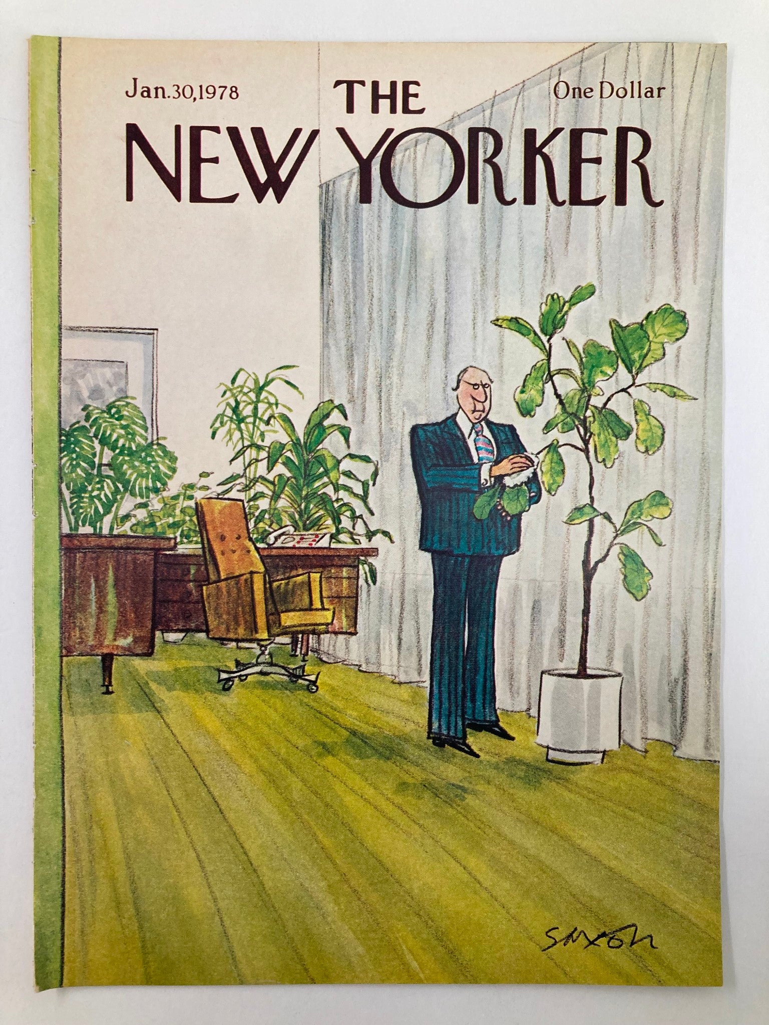 Cover of The New Yorker January 30, 1978, showcasing the artwork "Loving Green" by Charles Saxon, with a businessman tending to a plant in a stylish office interior.