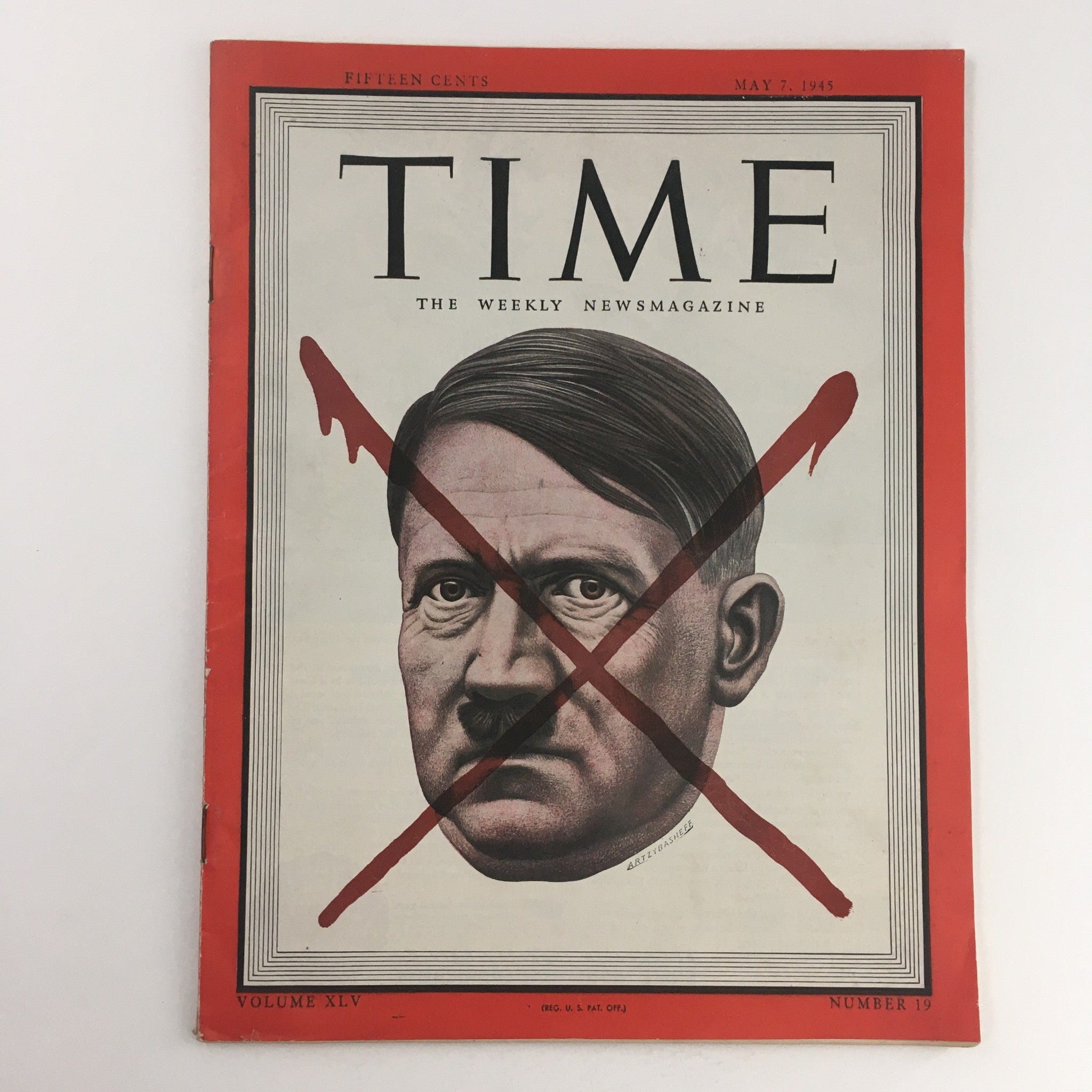 VTG Time Magazine May 7 1945 Vol 45 #19 Adolf Hitler Red X Mark's Head, No Label