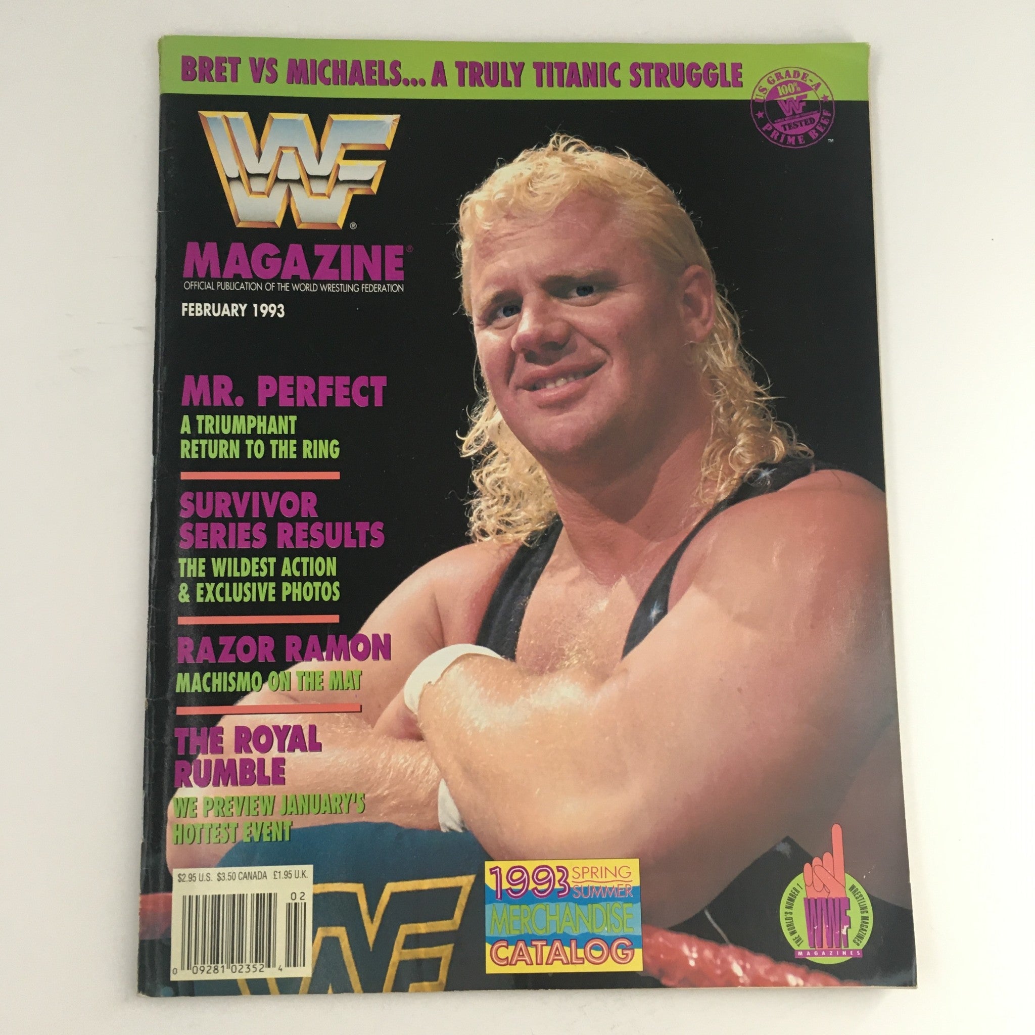 WWF Magazine February 1993 cover featuring Mr. Perfect and Scott 'Razor Ramon' Hall, showcasing highlights from wrestling history in very good condition.