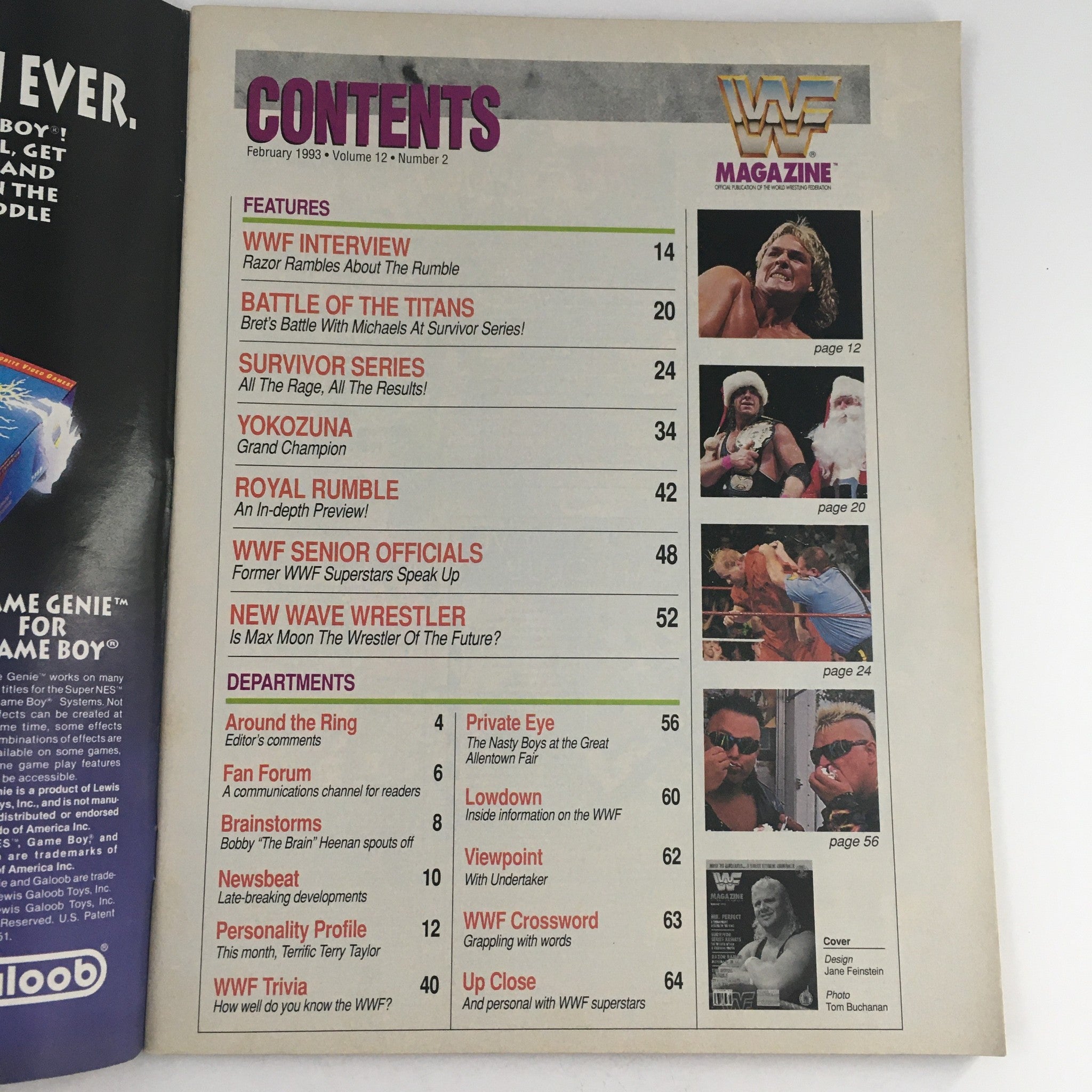 Contents page of WWF Magazine February 1993, featuring articles on wrestling events, including results from the Royal Rumble and interviews with key wrestlers.