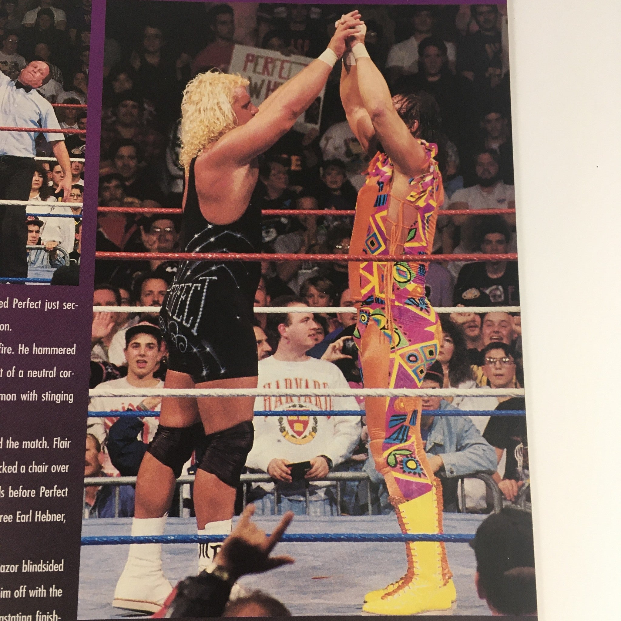 WWF Magazine February 1993 featuring Mr. Perfect and Scott 'Razor Ramon' Hall, captured in a wrestling match, showcasing their iconic attire and athleticism, making it a unique collector's item.