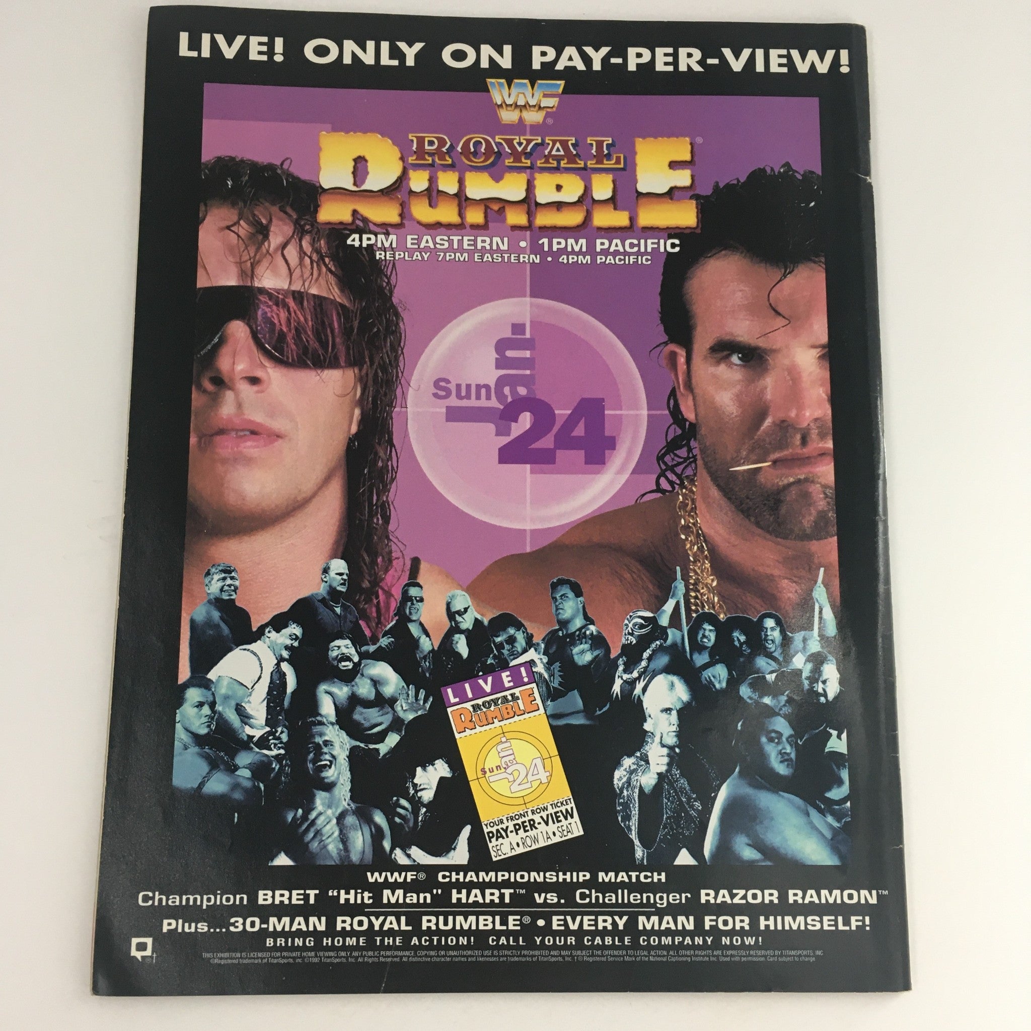 Cover of WWF Magazine February 1993 promoting the Royal Rumble event with Bret 'Hit Man' Hart and Scott 'Razor Ramon' Hall, highlighting key matches and wrestling stars, ideal for vintage magazine collectors.