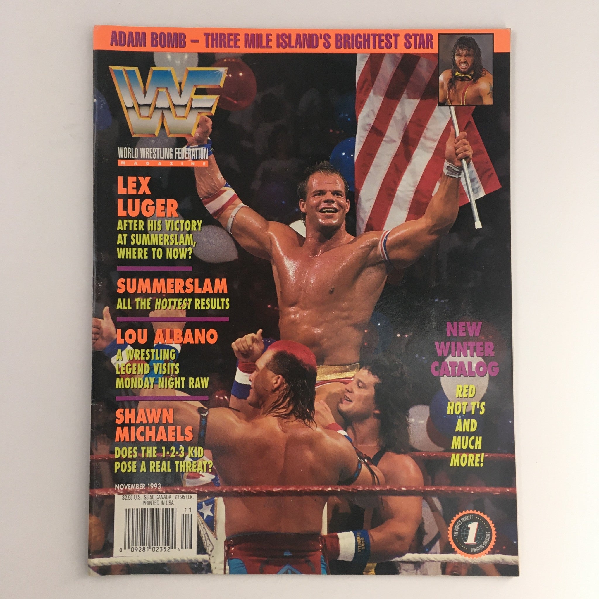 WWF Magazine November 1993 featuring Lex Luger, Lou Albano, and Shawn Michaels on the cover, showcasing key highlights from the wrestling world during this era.