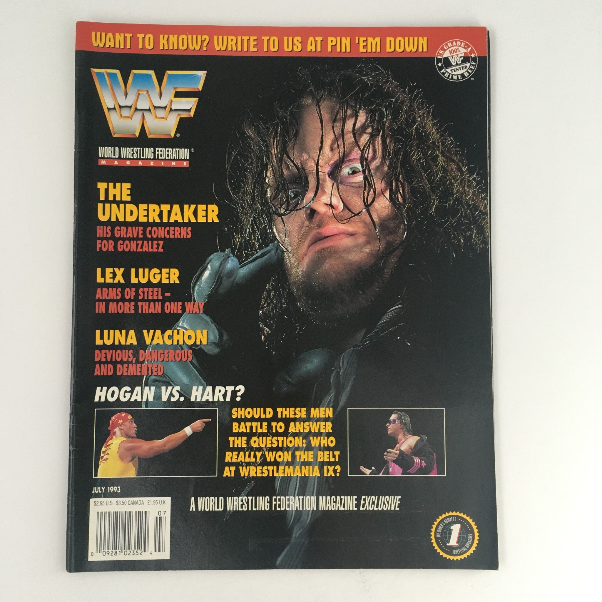 WWF Magazine July 1993 featuring The Undertaker, Lex Luger, Luna Vachon, and Hulk Hogan on the cover, highlighting their wrestling personas with dynamic graphics.