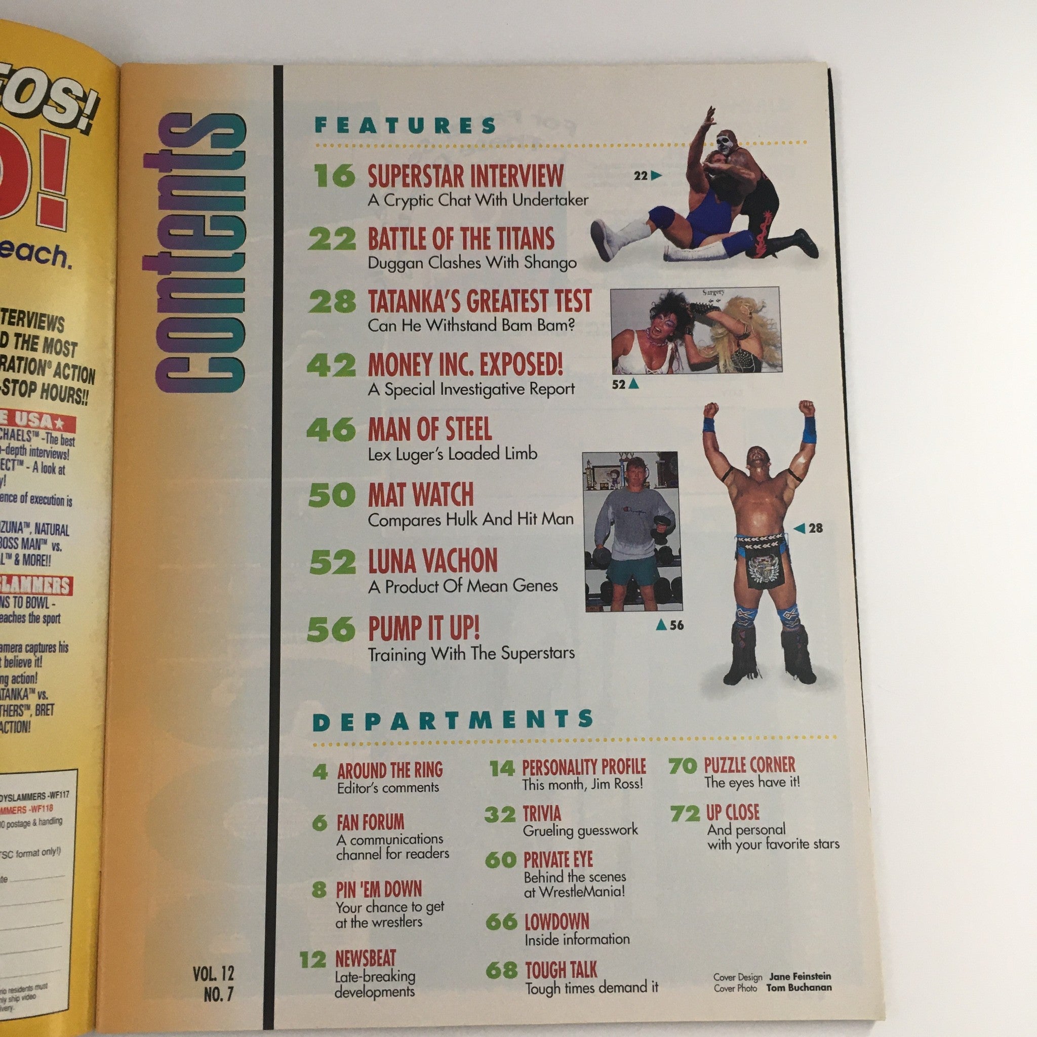 Table of contents from WWF Magazine July 1993, showcasing features like interviews, match reports, and profiles of wrestlers including The Undertaker and Lex Luger.