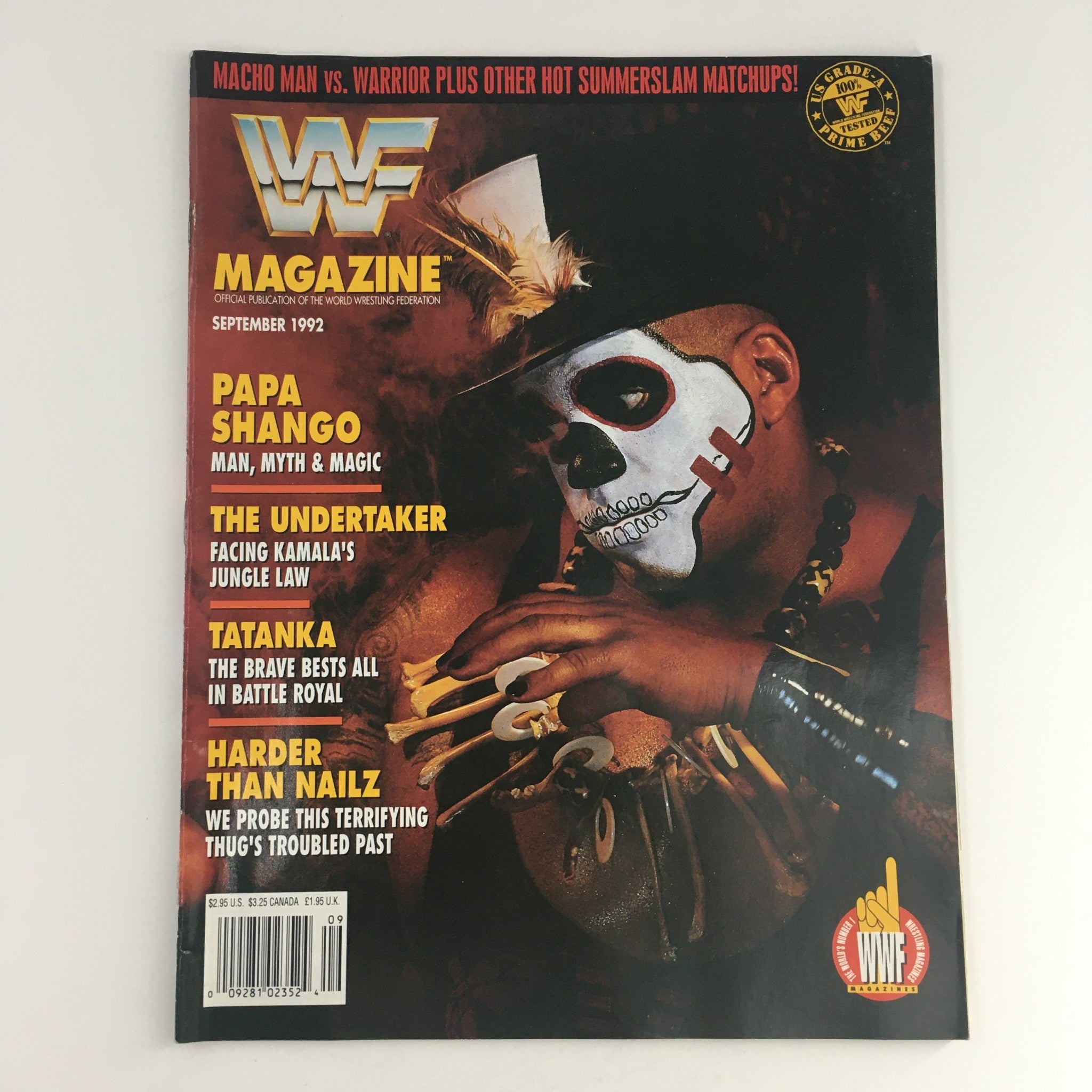 WWF Magazine September 1992 Papa Shango & The Undertaker & Tatanka, No Label VG