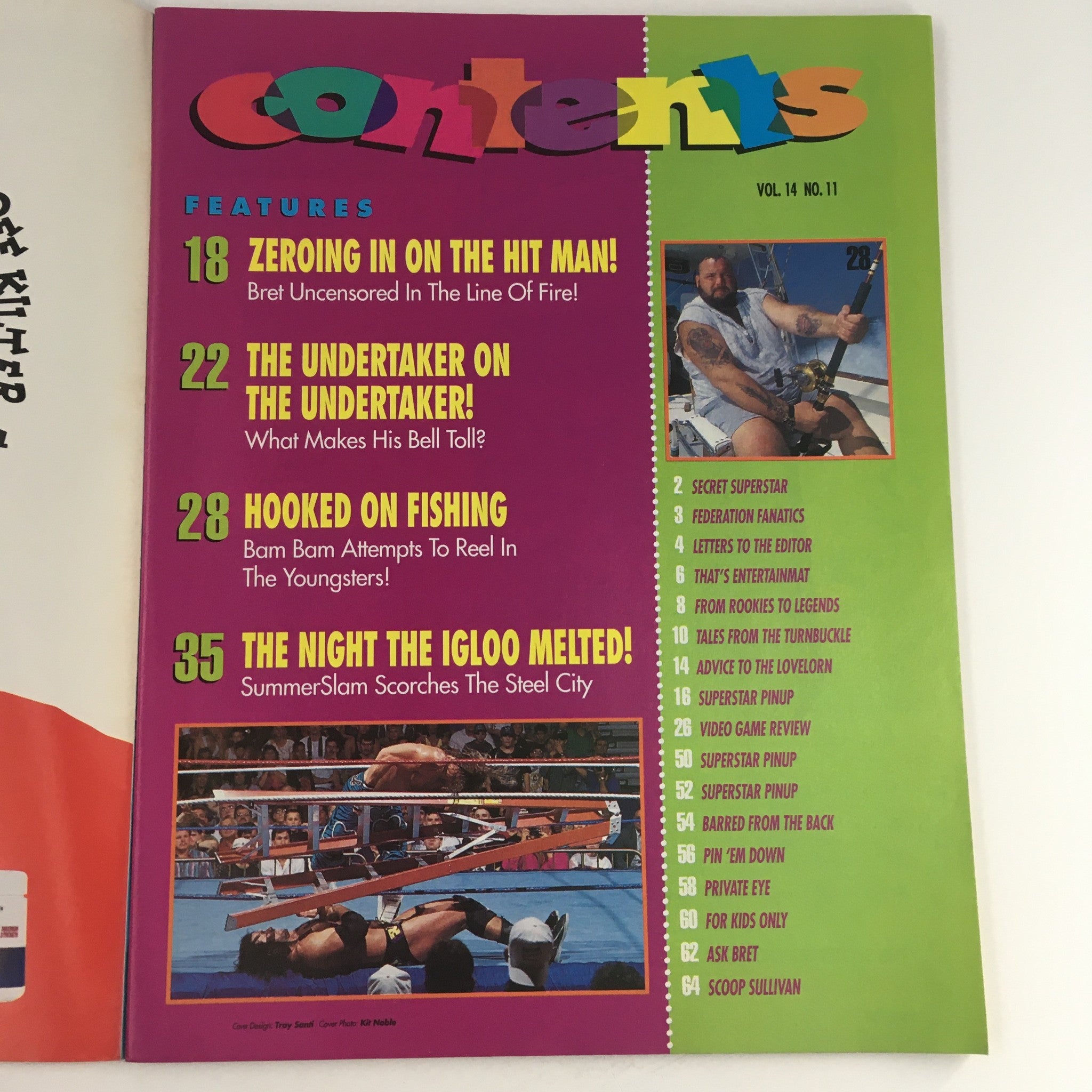 Contents page of WWF Magazine November 1995, listing features such as interviews with The Hit Man and The Undertaker.