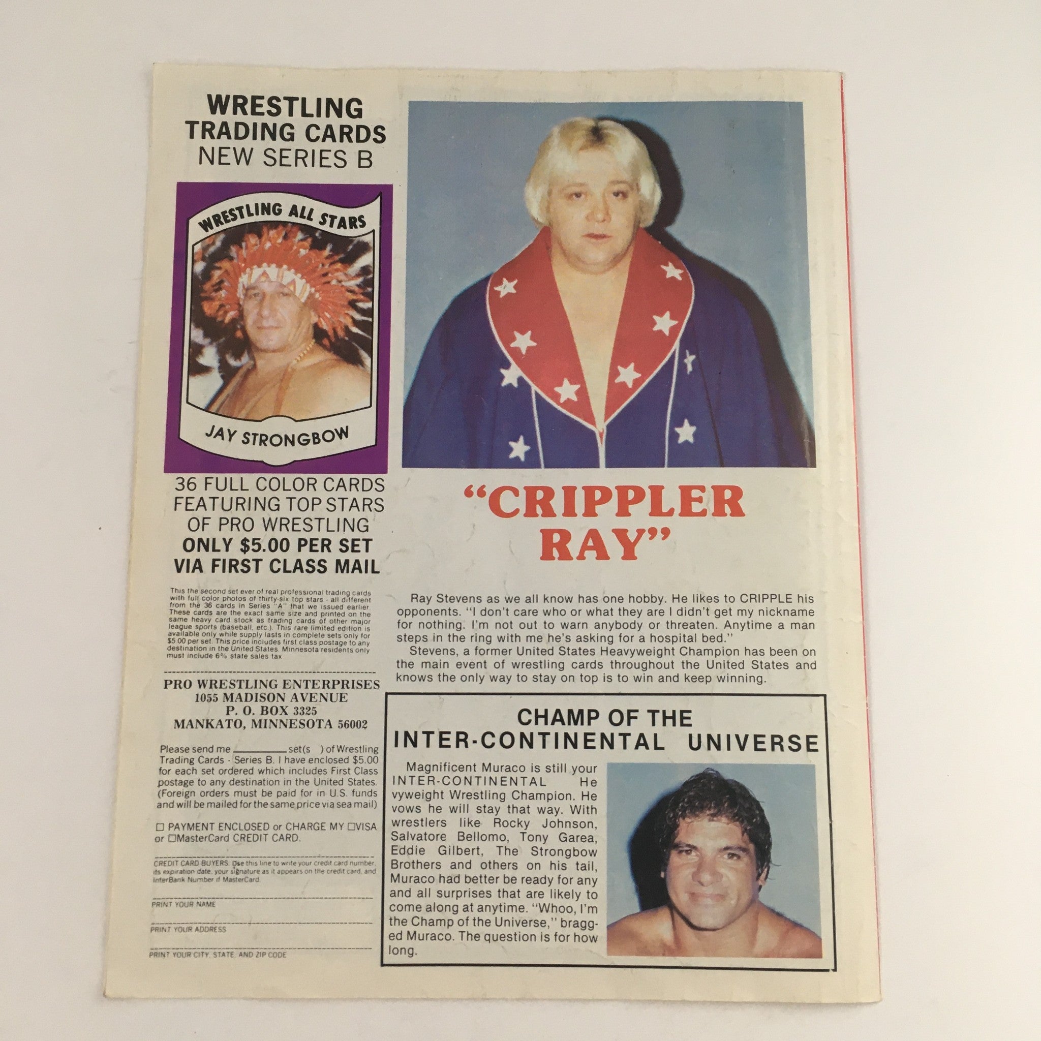 Back cover of Major League Wrestling 1983 Issue #175 displaying wrestling trading cards and profiles of stars like Jay Strongbow and Ray Stevens.