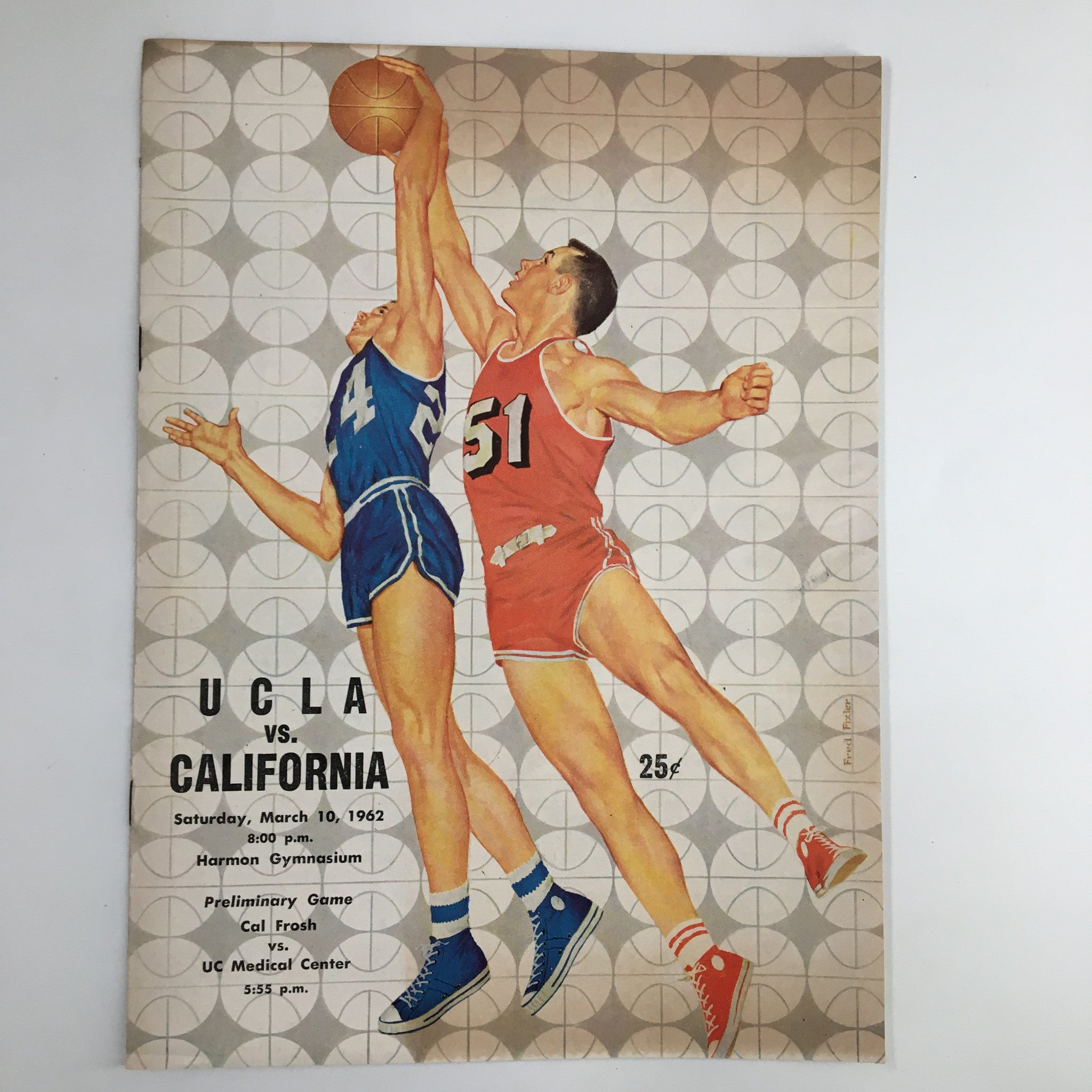 March 10 1962 NCAA Basketball Program UCLA vs California featuring an action illustration of players in dynamic pose during a basketball game.