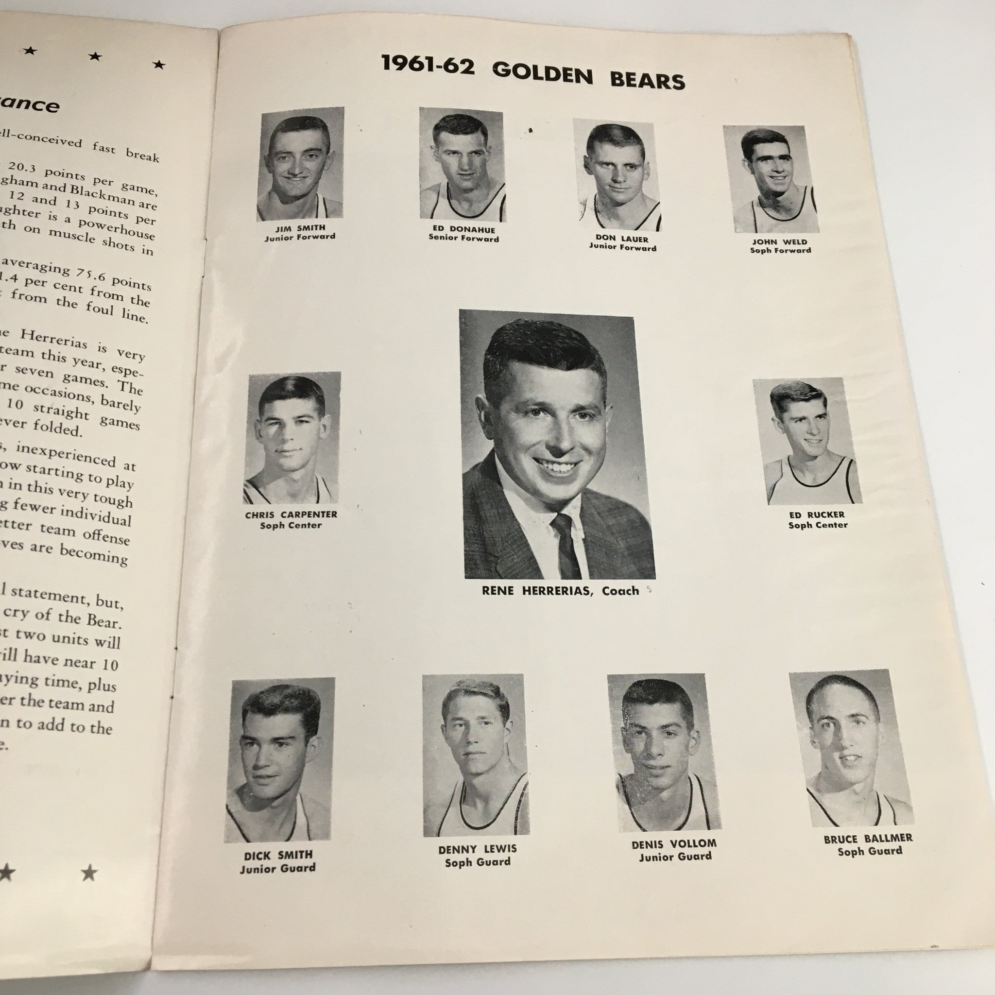 March 10 1962 NCAA Basketball Program UCLA vs California showing the roster of players for the Golden Bears, including coach Rene Herrerias.