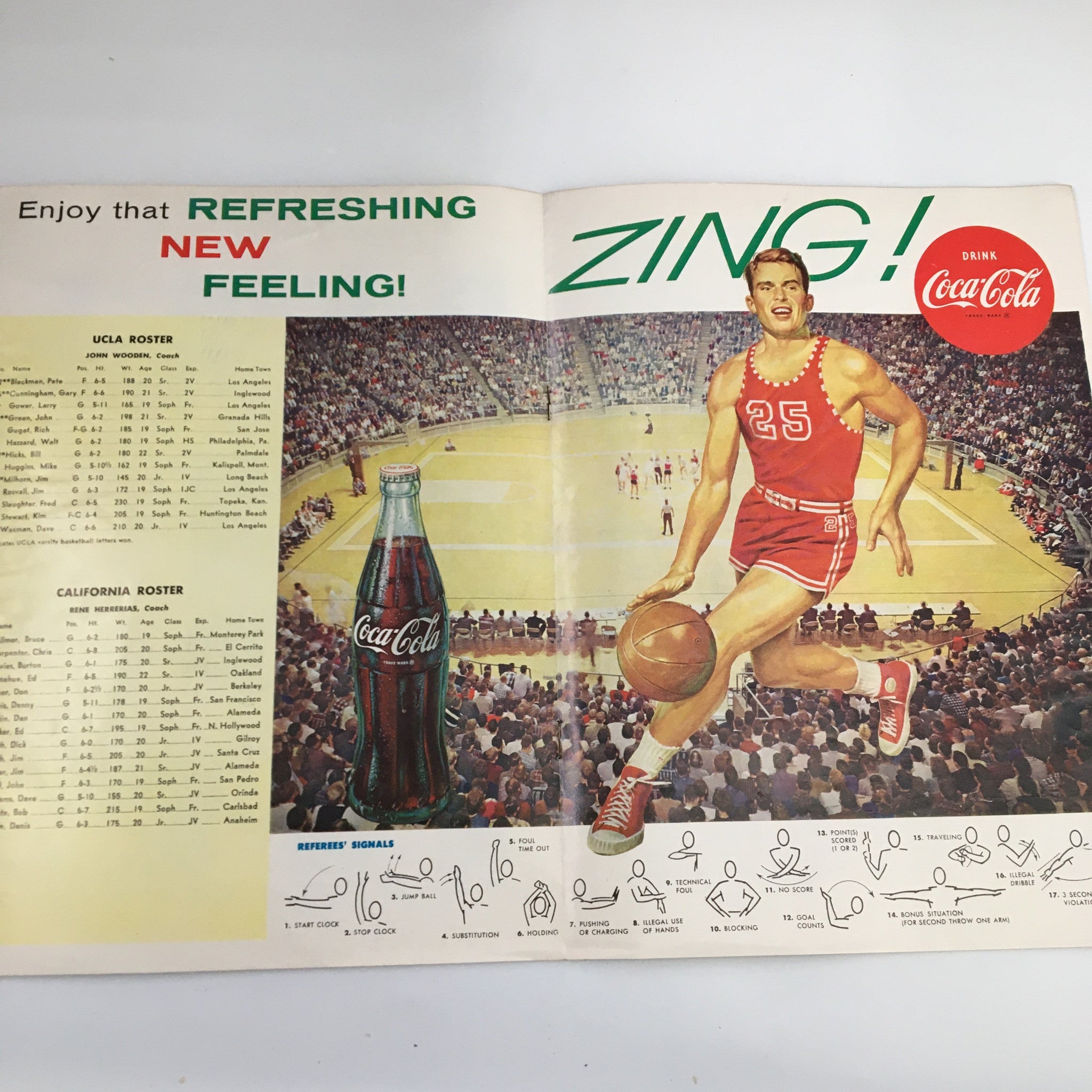 March 10 1962 NCAA Basketball Program showcasing UCLA vs California, featuring a player in a red uniform with a Coca-Cola advertisement, emphasizing the vibrant spirit of college basketball.