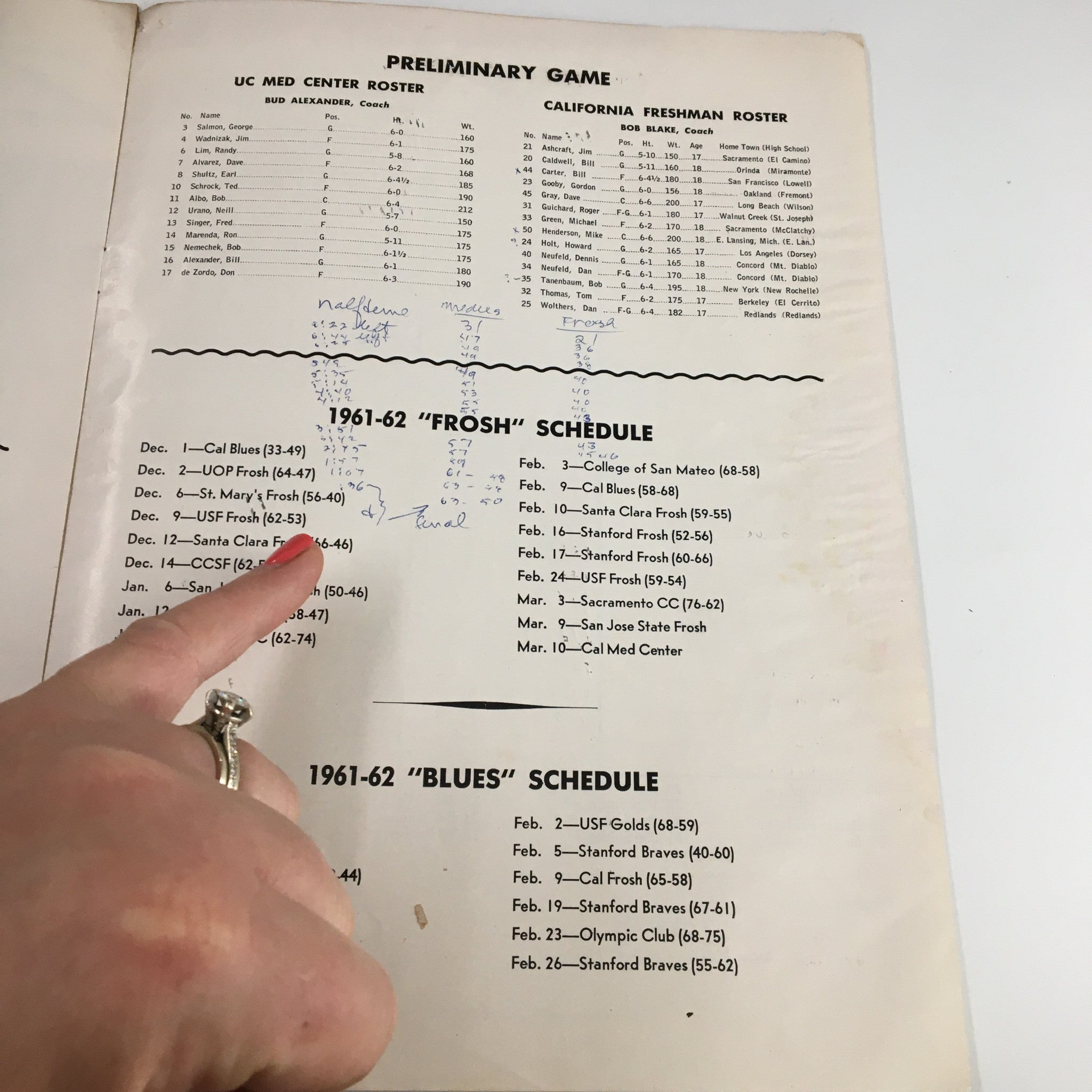 March 10 1962 NCAA Basketball Program with handwritten notes on the preliminary game schedules for California Freshman Roster, highlighting the historical context of college basketball.