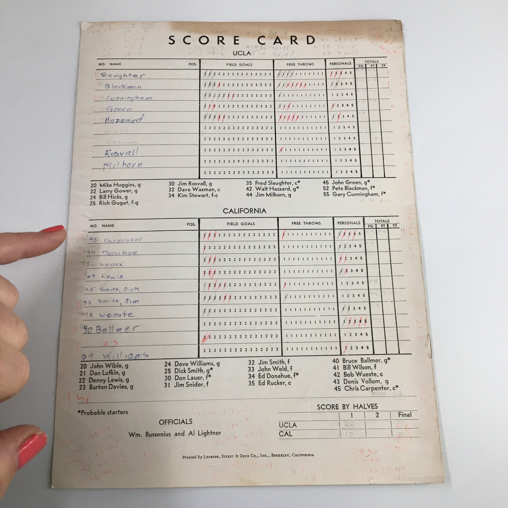 March 10 1962 NCAA Basketball Program scorecard for UCLA vs California game, detailing player statistics and scores; a vintage piece of basketball memorabilia.