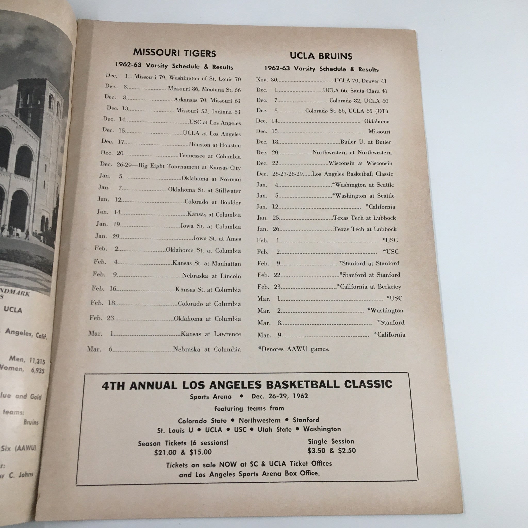 December 15 1962 NCAA Basketball Missouri vs UCLA The Hoop Official Program