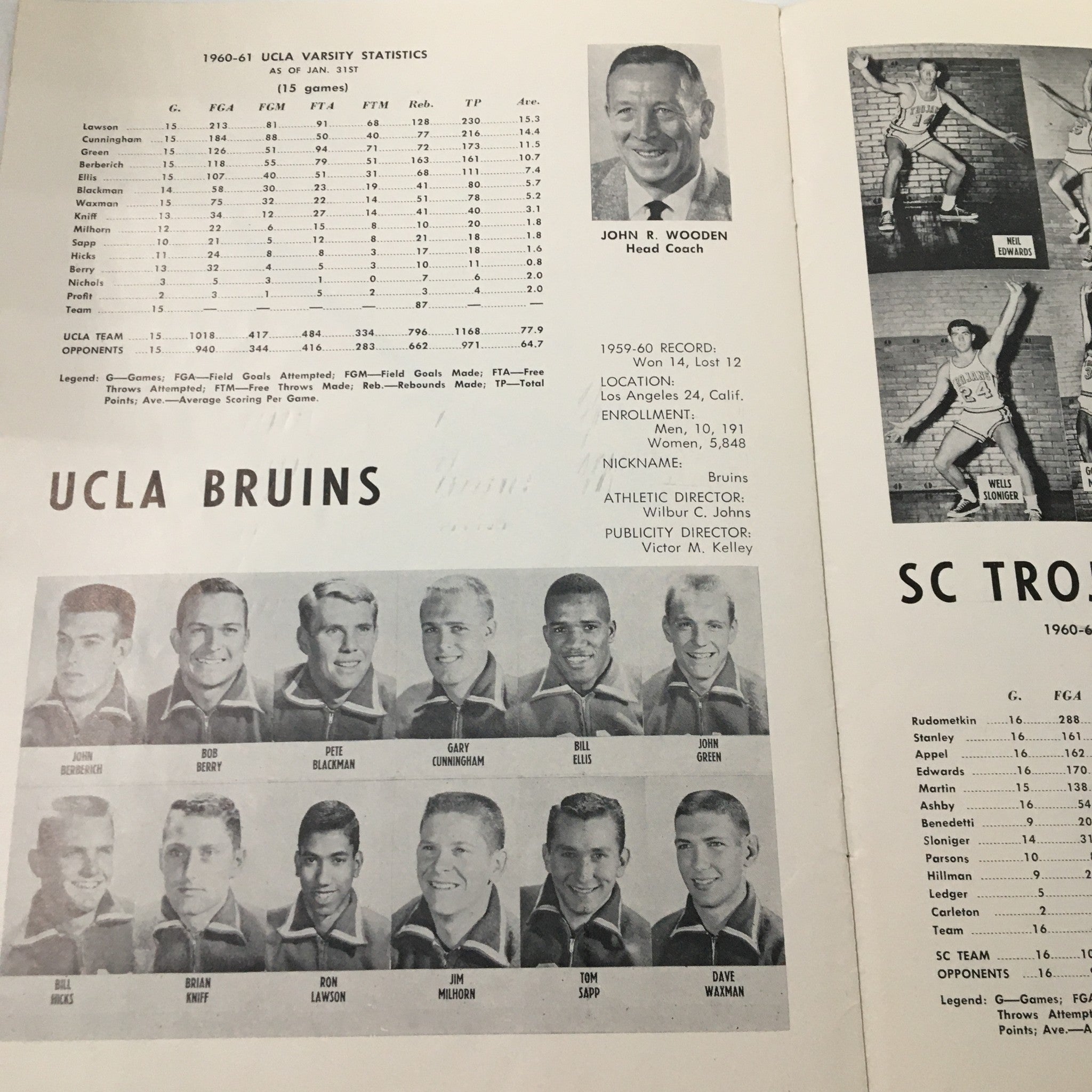 February 3 1961 NCAA Basketball SC vs UCLA Bruins The Hoop Official Program
