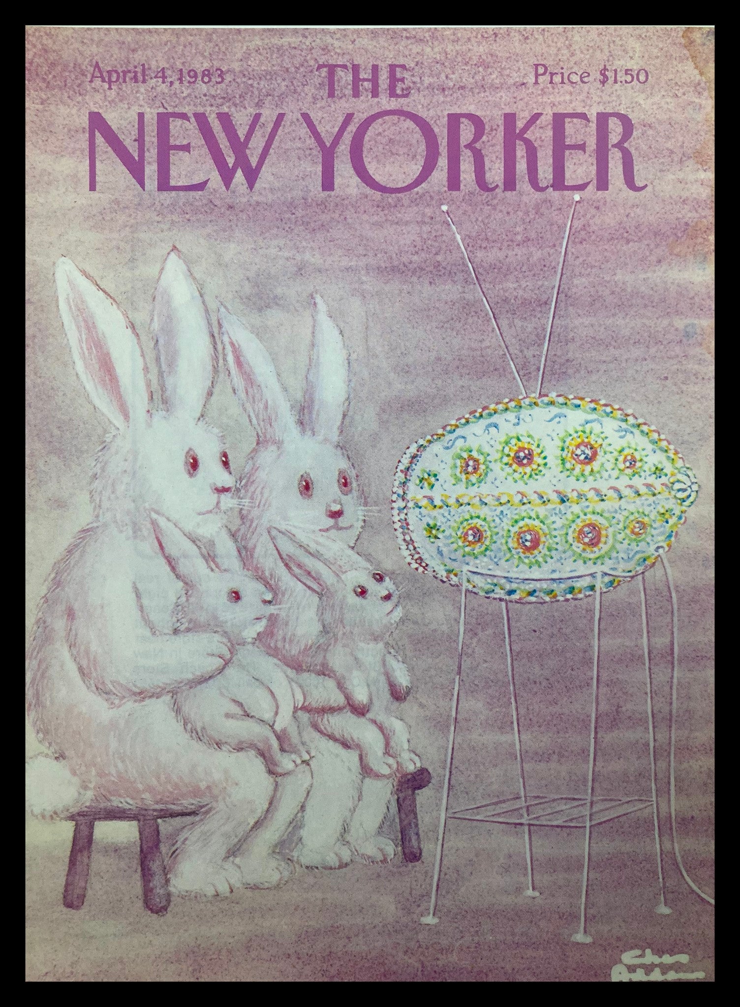 COVER ONLY The New Yorker April 4 1983 Bunny TV by Chas Addams No Label