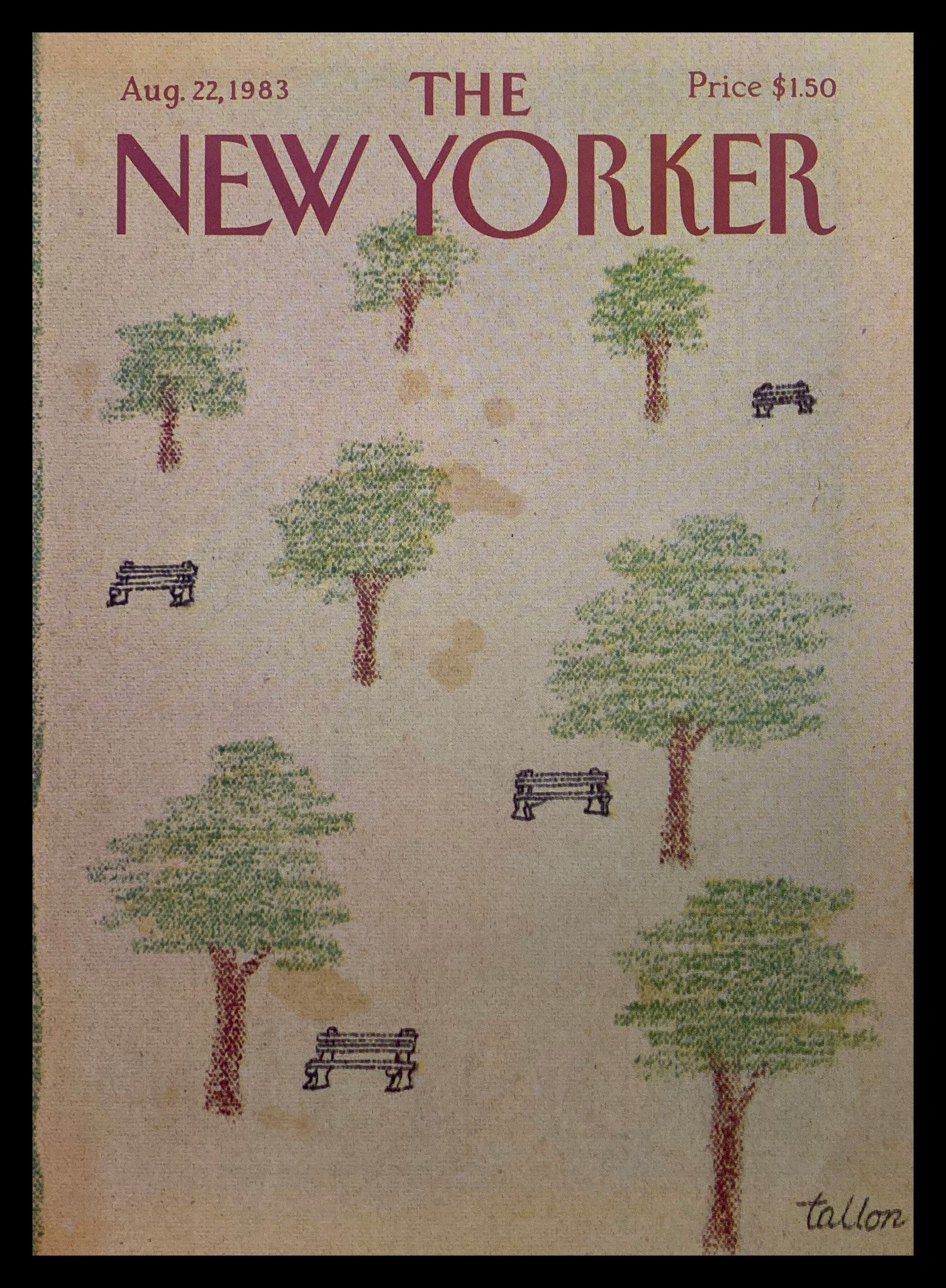 COVER ONLY The New Yorker August 22 1983 Bench Park by Robert Tallon No Label