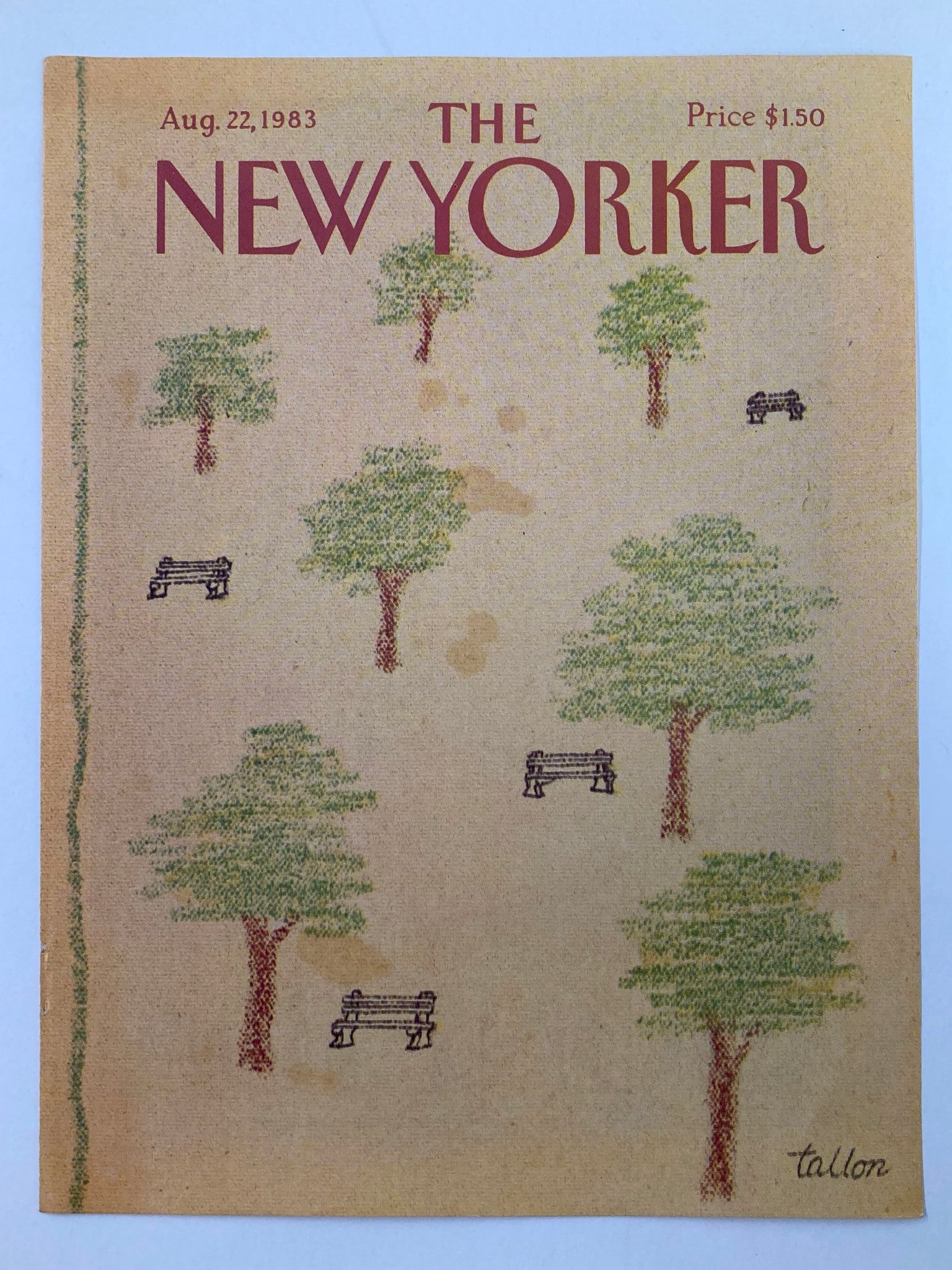 COVER ONLY The New Yorker August 22 1983 Bench Park by Robert Tallon No Label