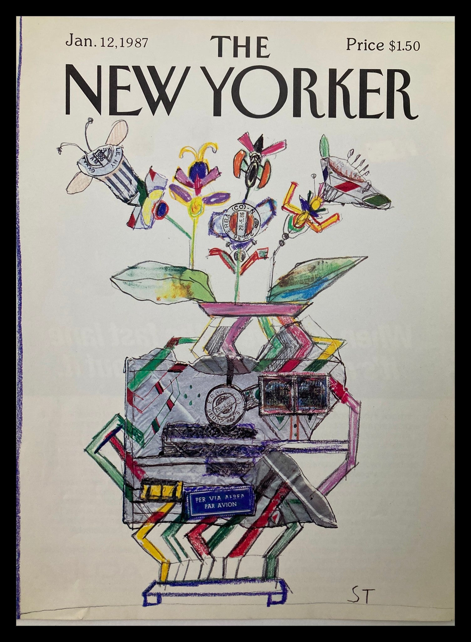 COVER ONLY The New Yorker January 12 1987 Par Avion by Saul Steinberg No Label