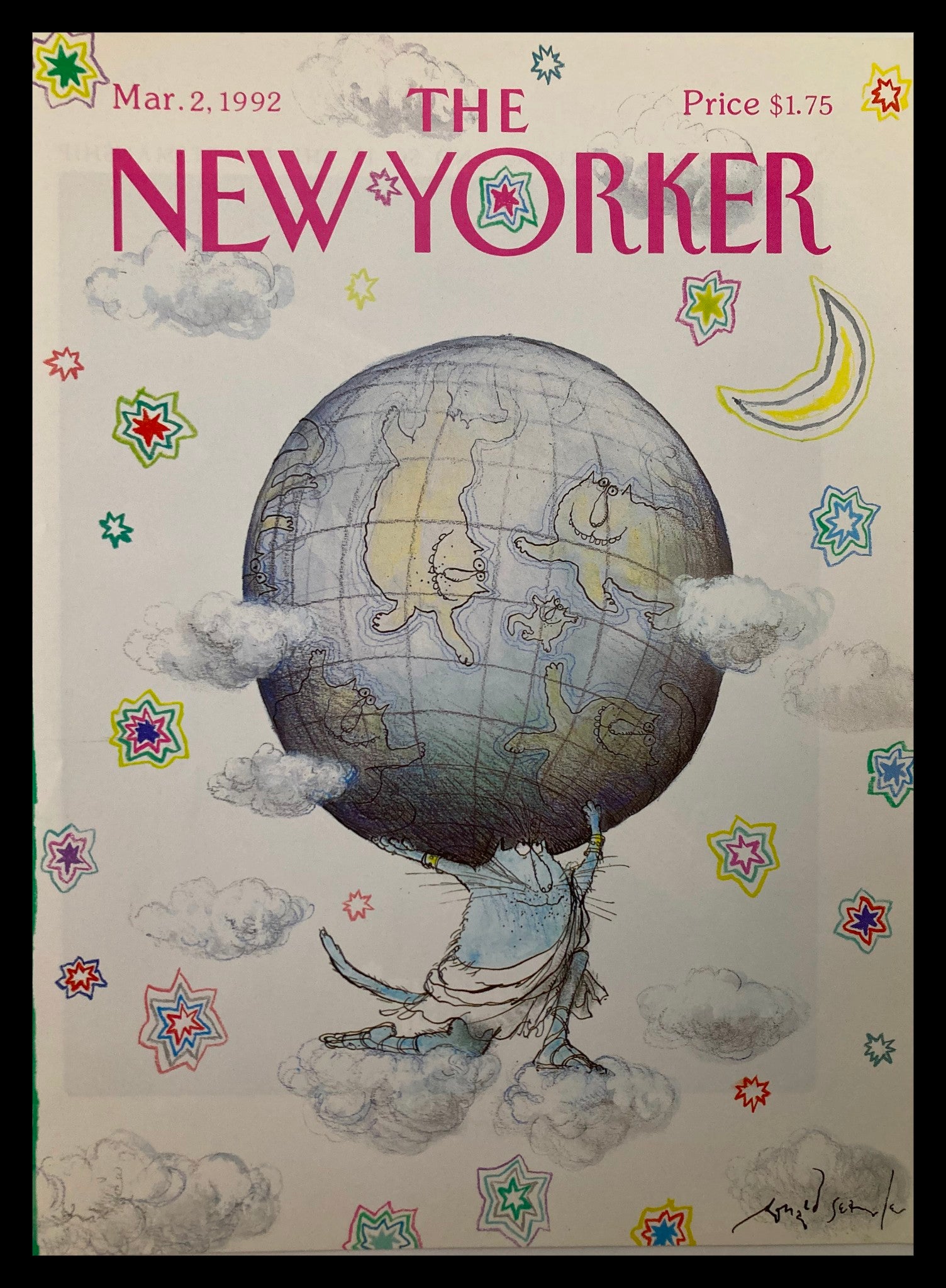 COVER ONLY The New Yorker March 2 1992 Cat World by Ronald Searle No Label