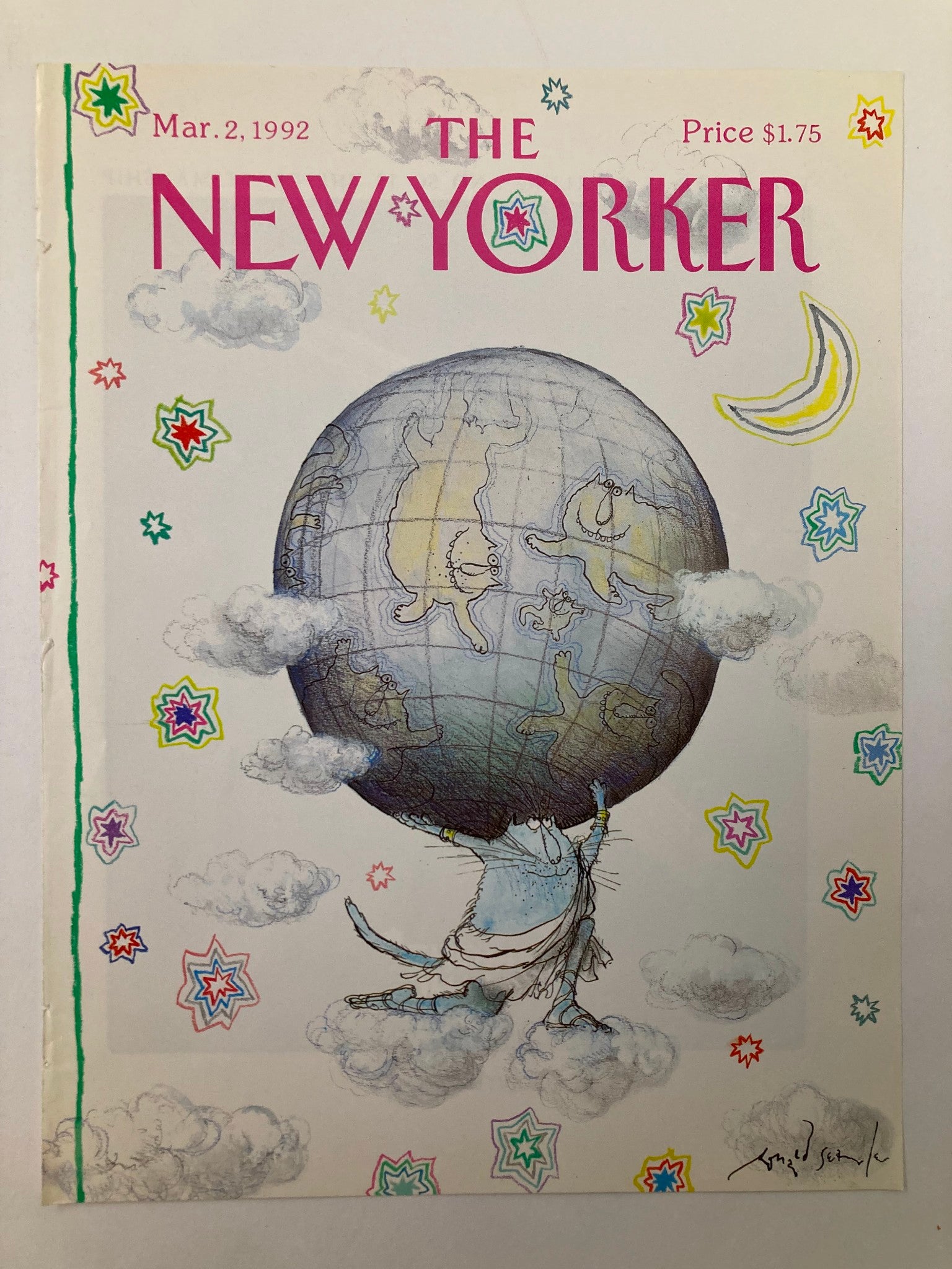 COVER ONLY The New Yorker March 2 1992 Cat World by Ronald Searle No Label